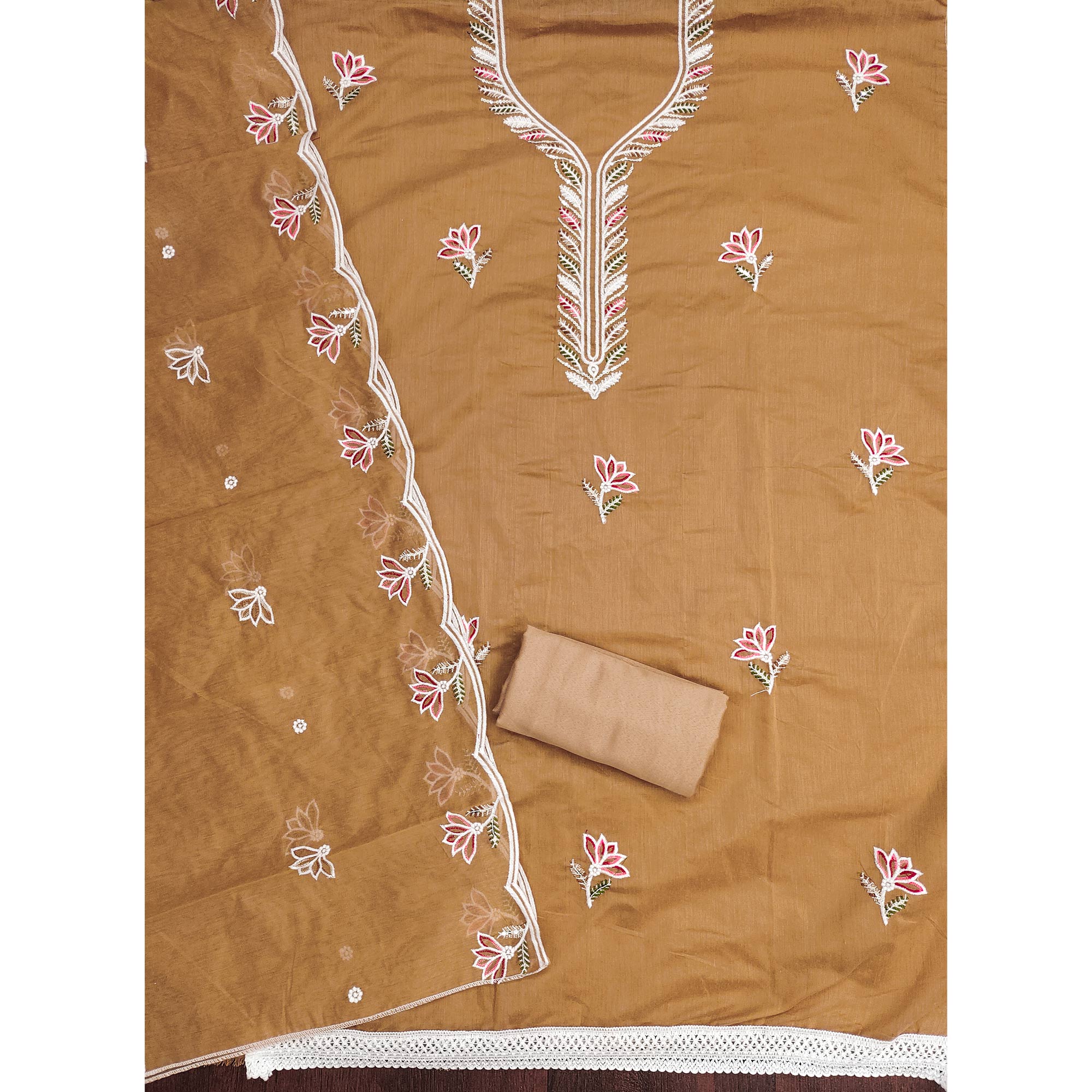 Luxurious Chikoo Chanderi Cotton Dress Material With Floral Thread Embroidery & Sequins