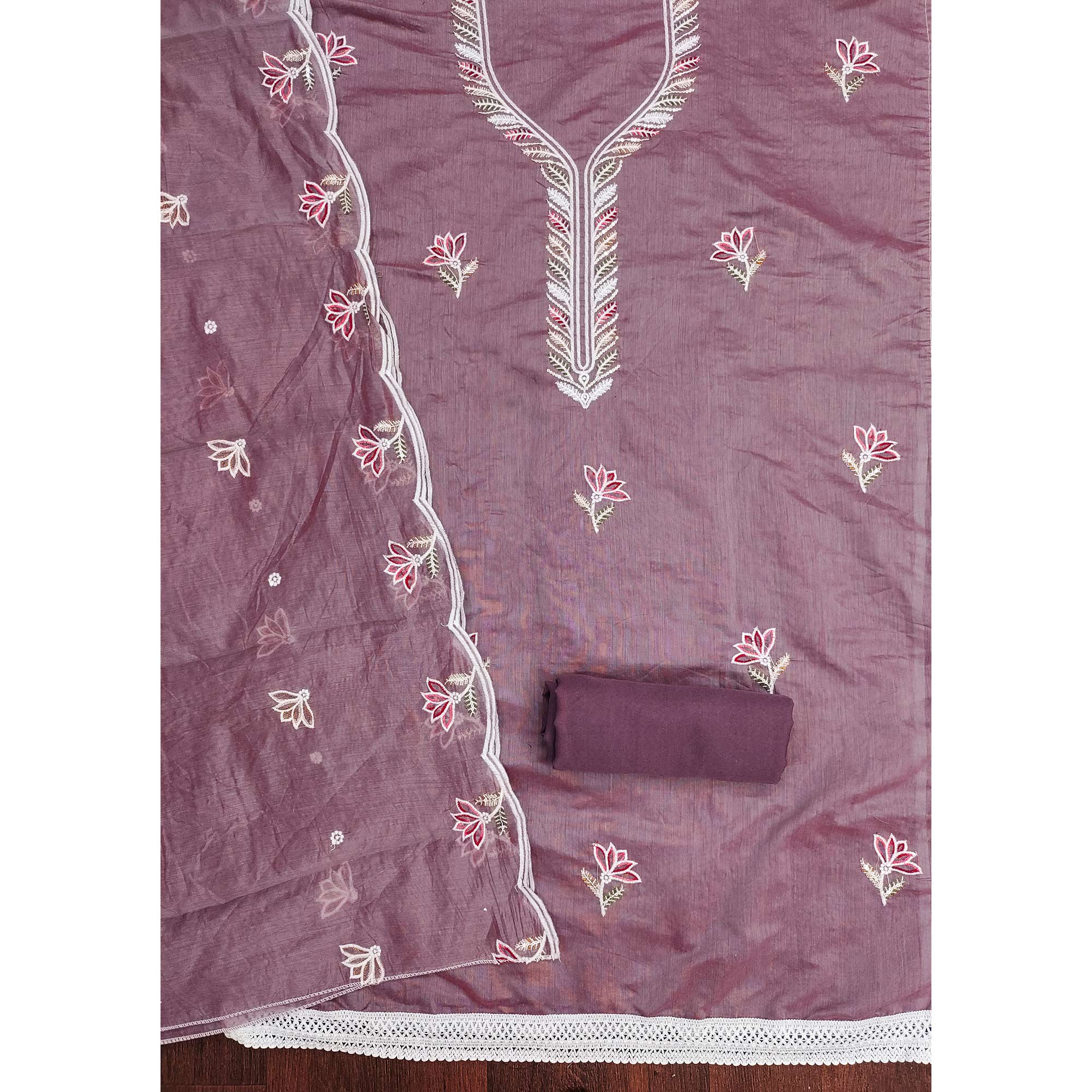 Elegant Lavender Chanderi Cotton Dress Material With Floral Thread Embroidery & Sequins