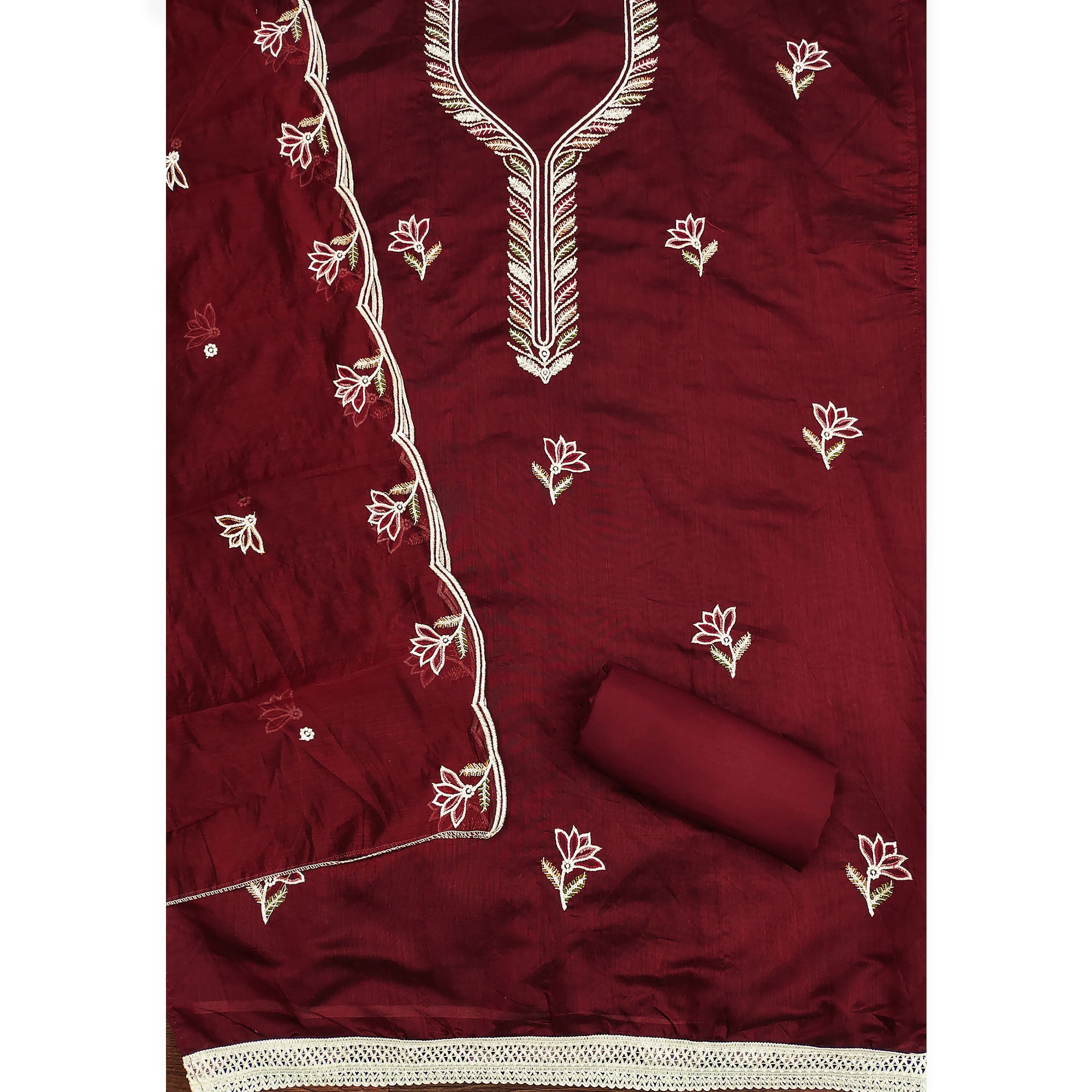Rich Maroon Chanderi Cotton Dress Material With Exquisite Floral Thread Embroidery & Sequins Work