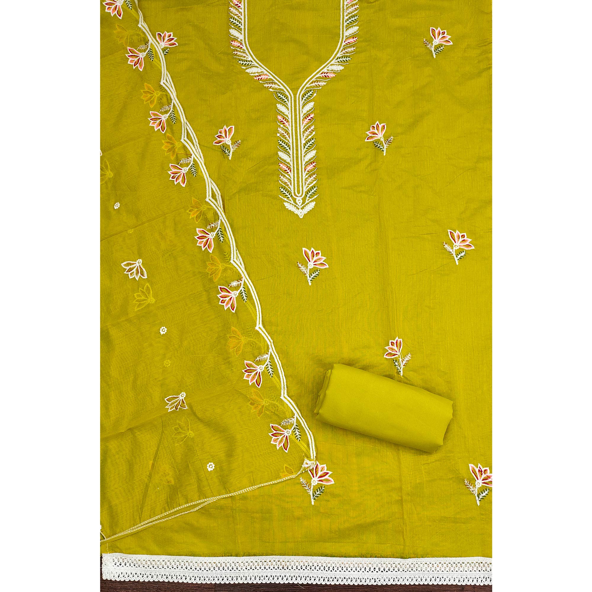 Elegant Olive Chanderi Cotton Dress Material With Floral Thread Embroidery & Sequins Work