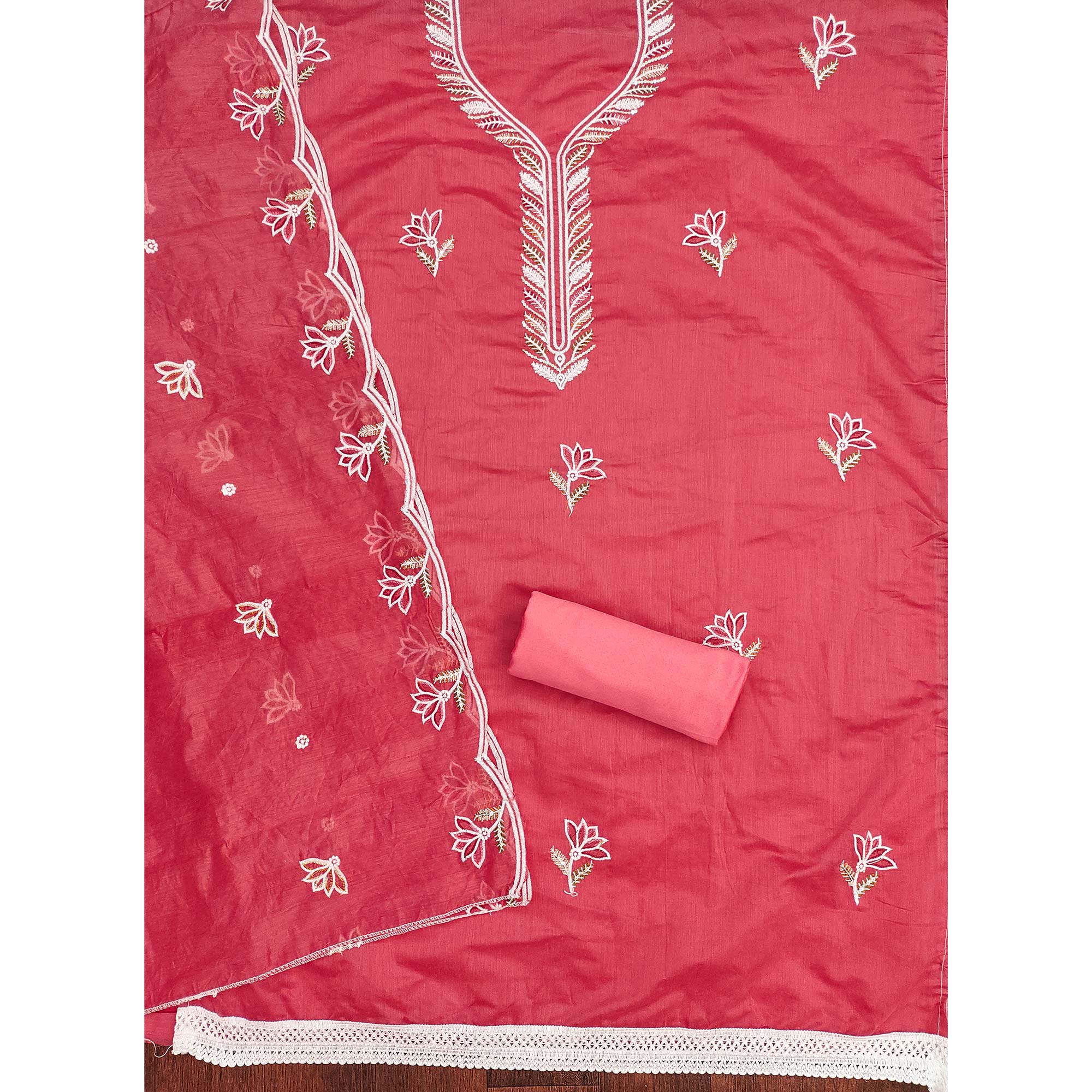 Graceful Pink Chanderi Cotton Dress Material With Floral Thread Embroidery & Sequins