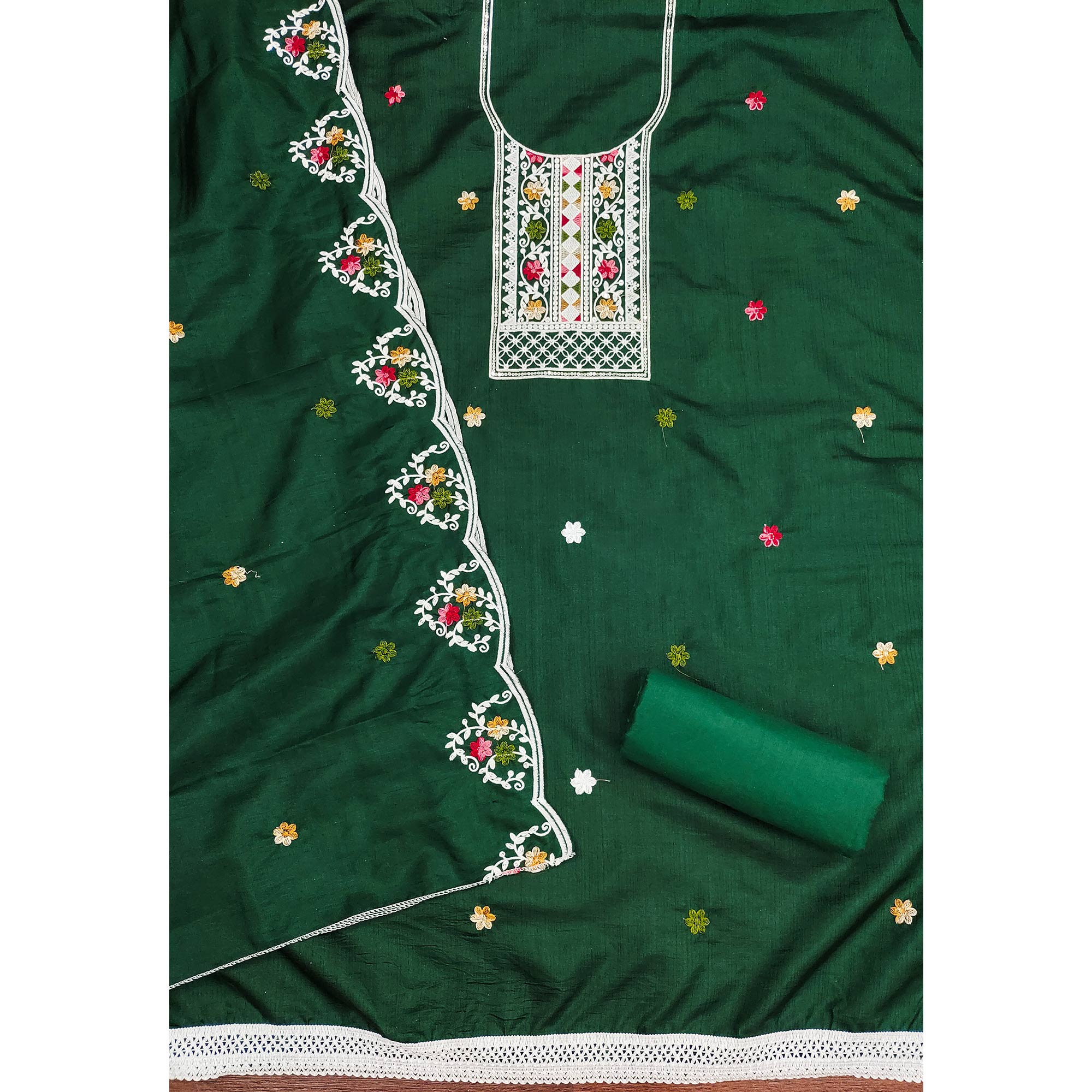 Enchanting Green Floral Sequin Embroidered Cotton Blend Dress Material