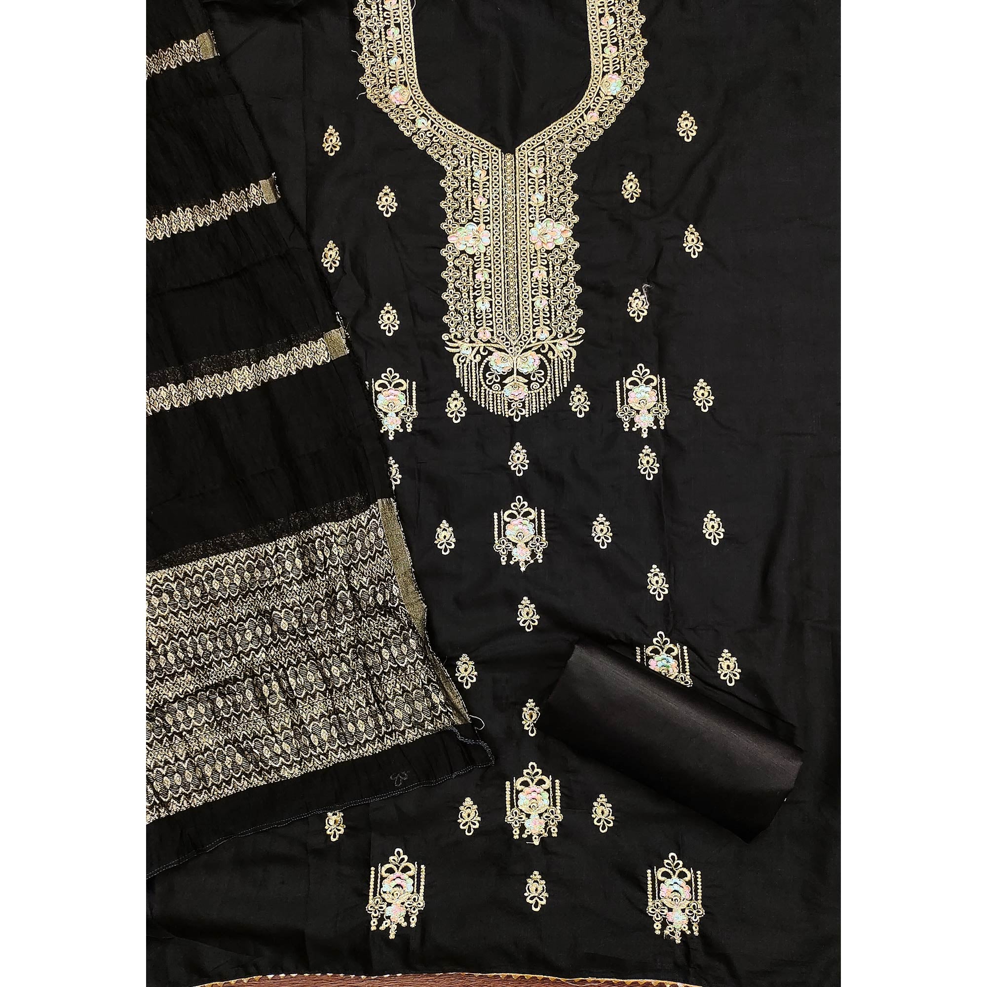 Black Pure Cotton Dress Material with Elegant Embroidery