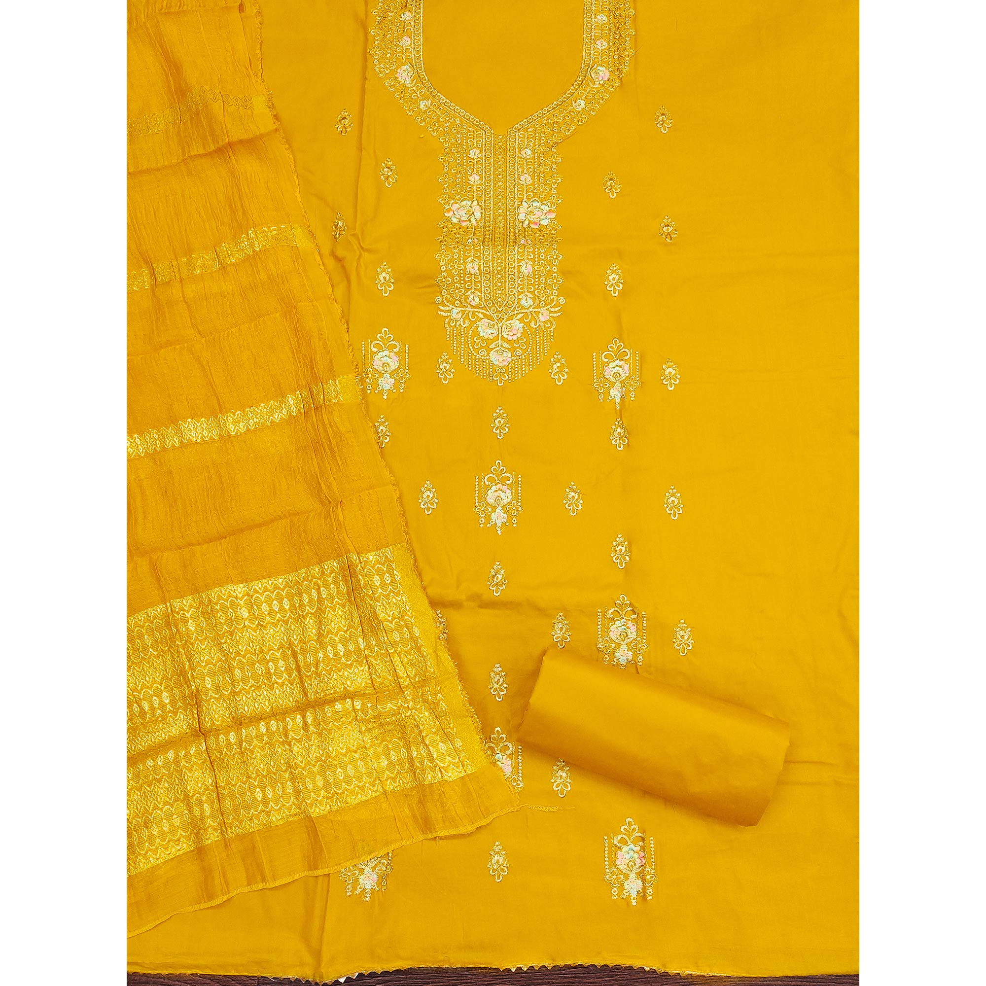 Mustard Pure Cotton Dress Material with Elegant Embroidery