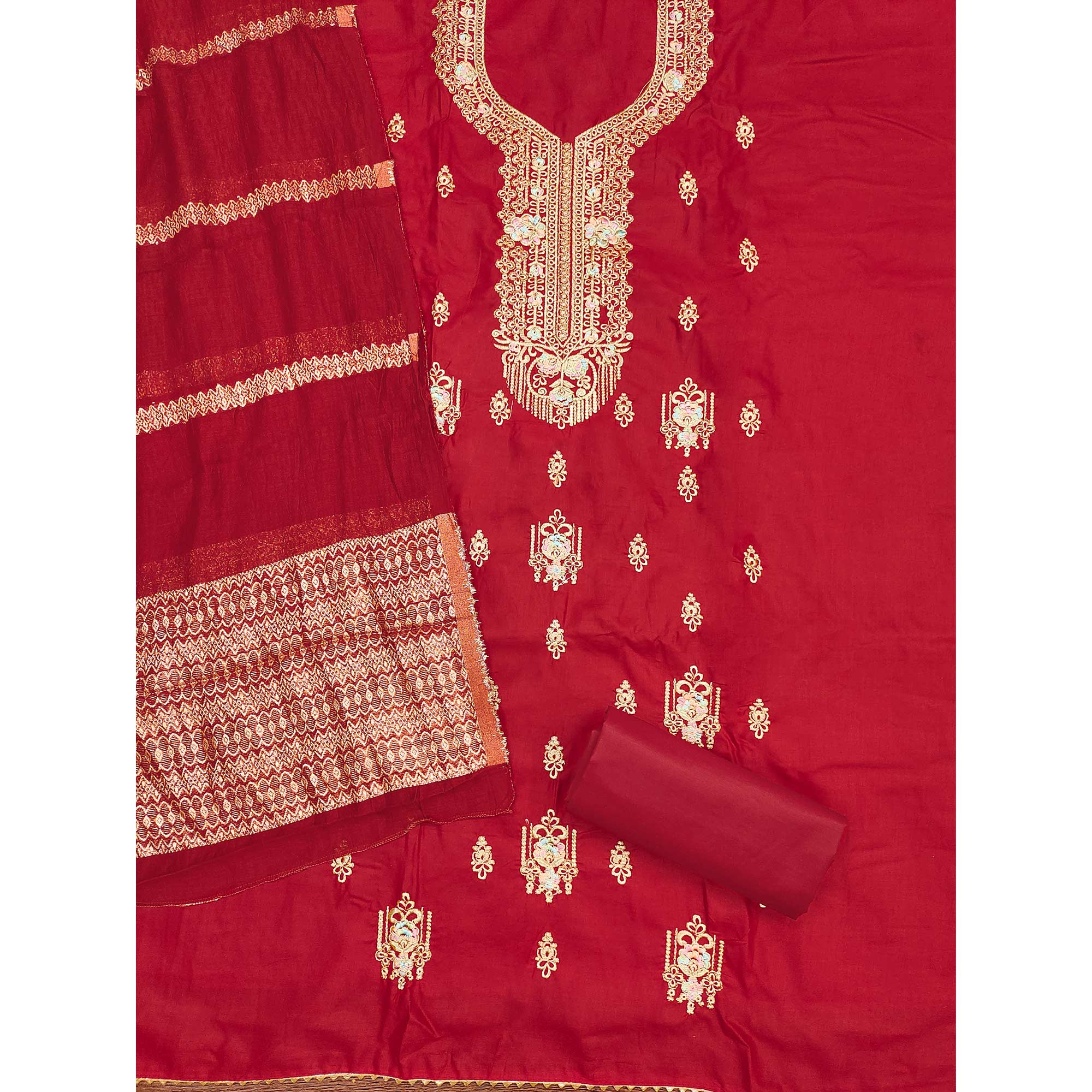 Red Pure Cotton Dress Material with Elegant Embroidery