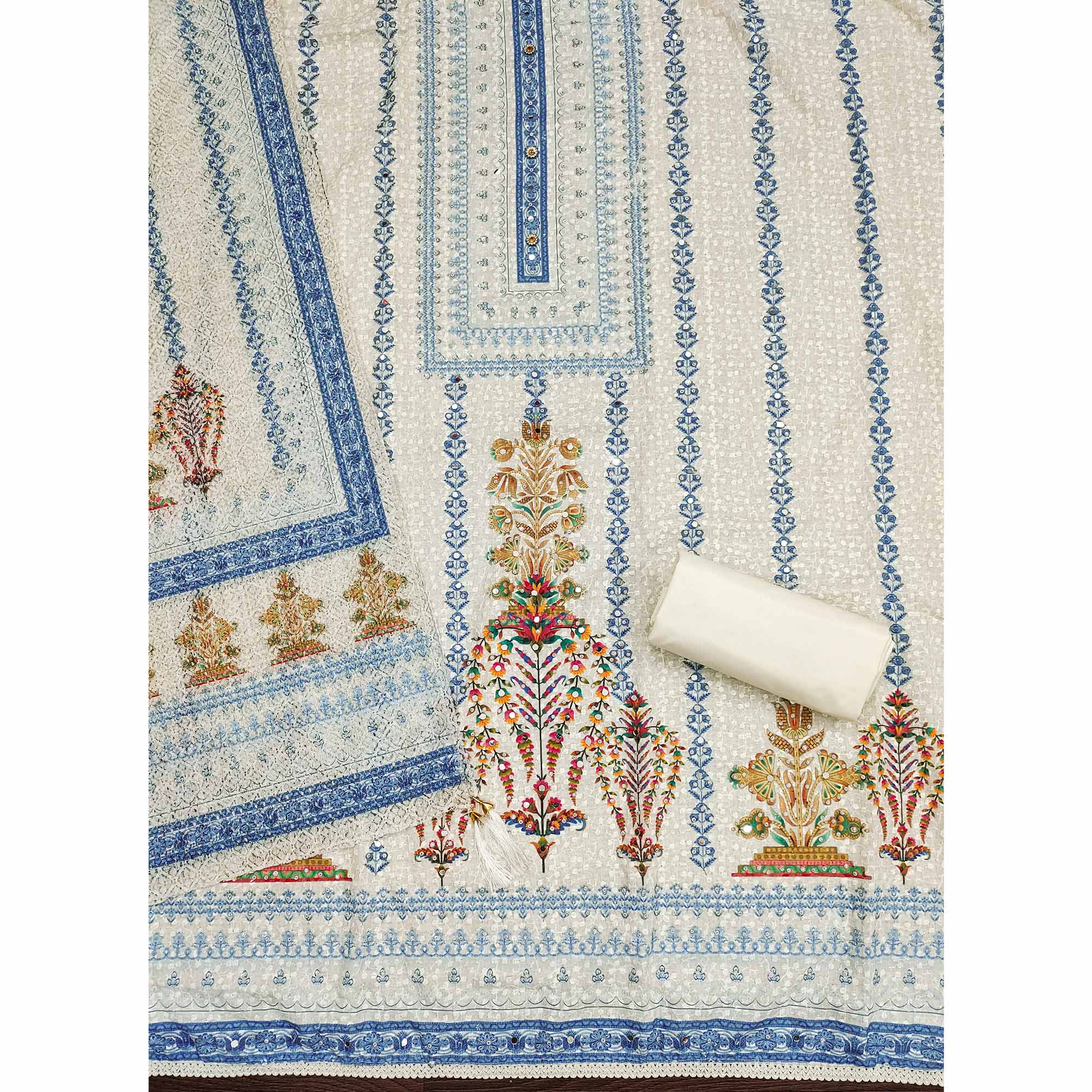 Off-White and Blue Unstitched Suit Material with Classic Schiffli Detailing