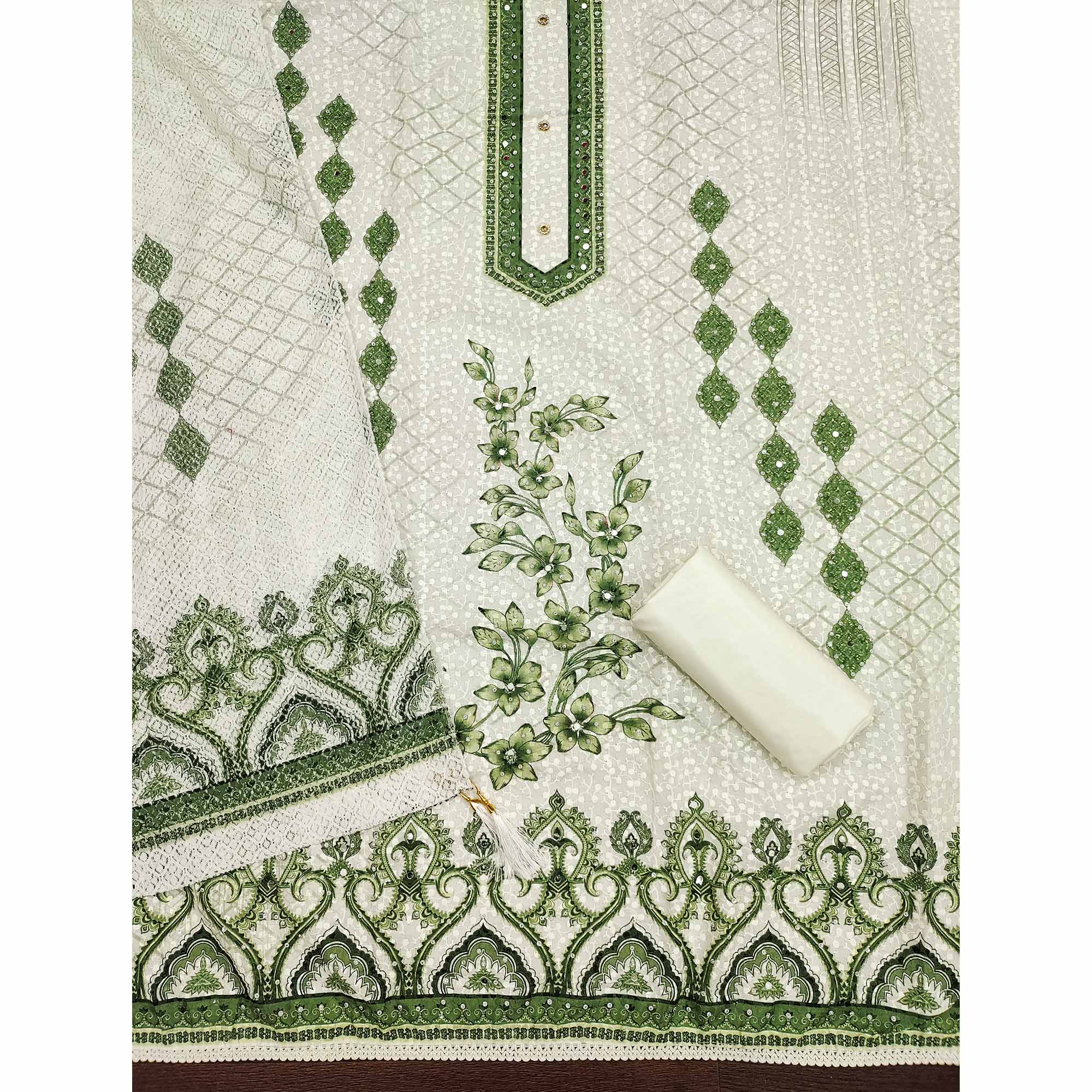 Off-White and Green Unstitched Suit Material with Classic Schiffli Detailing