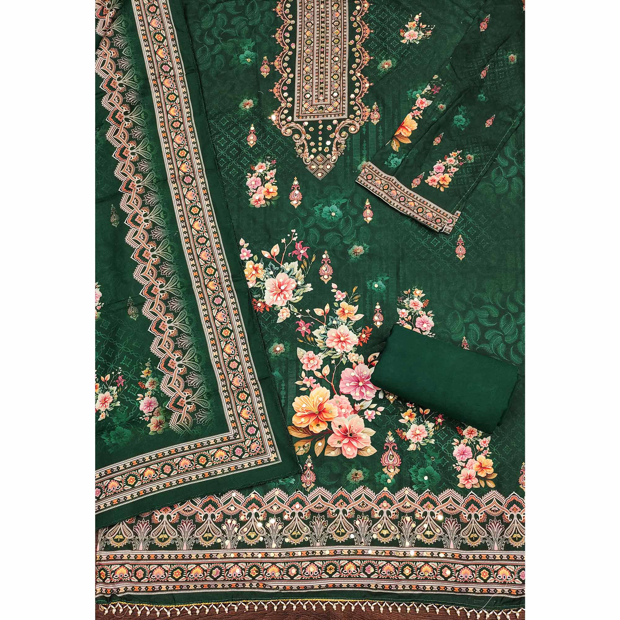 Green Muslin Suit Fabric Featuring Floral Print & Stone Highlights