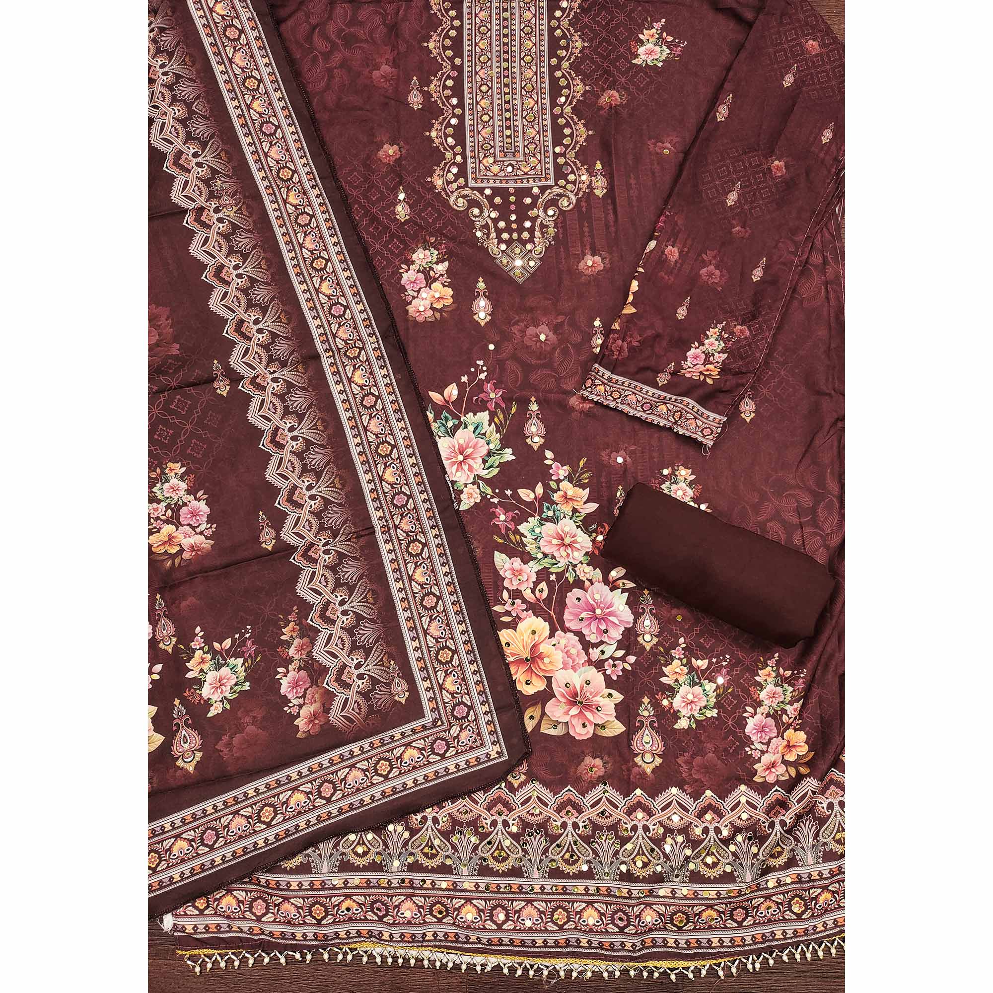 Maroon Muslin Suit Fabric Featuring Floral Print & Stone Highlights