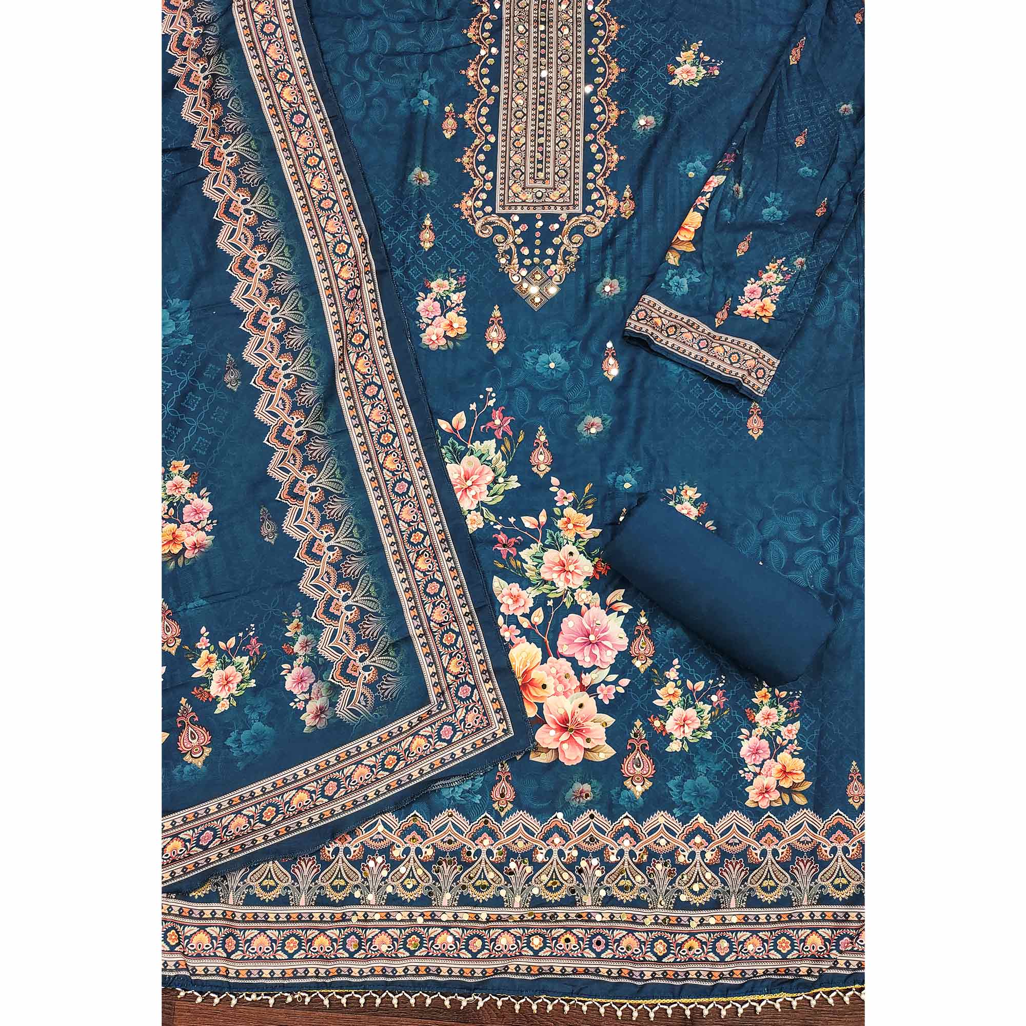 Teal Muslin Suit Fabric Featuring Floral Print & Stone Highlights