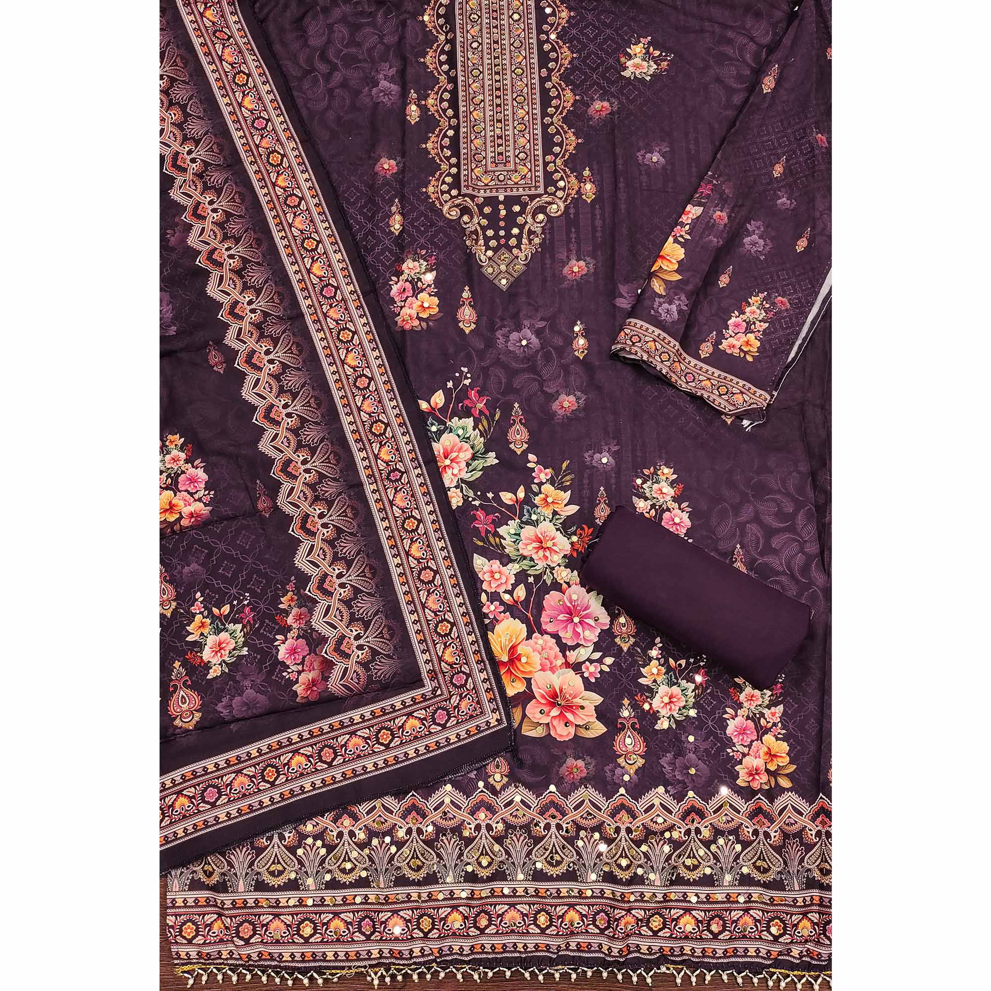 Wine Muslin Suit Fabric Featuring Floral Print & Stone Highlights