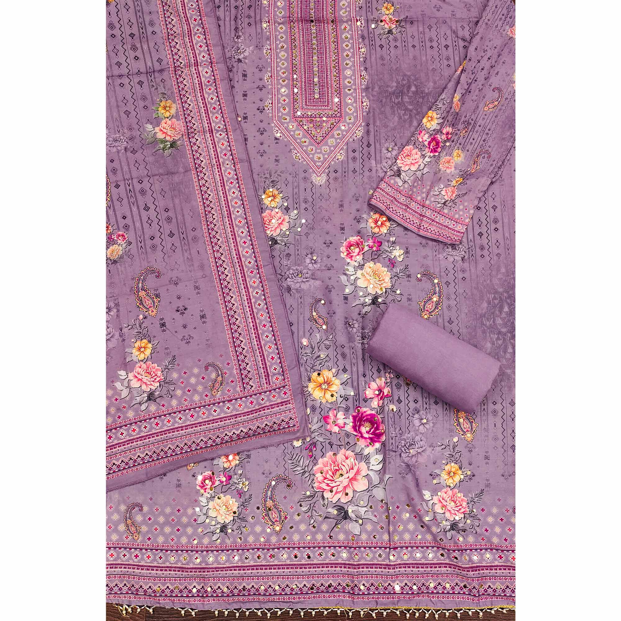 Lavender Dress Material in Muslin with Delicate Mirror Highlights