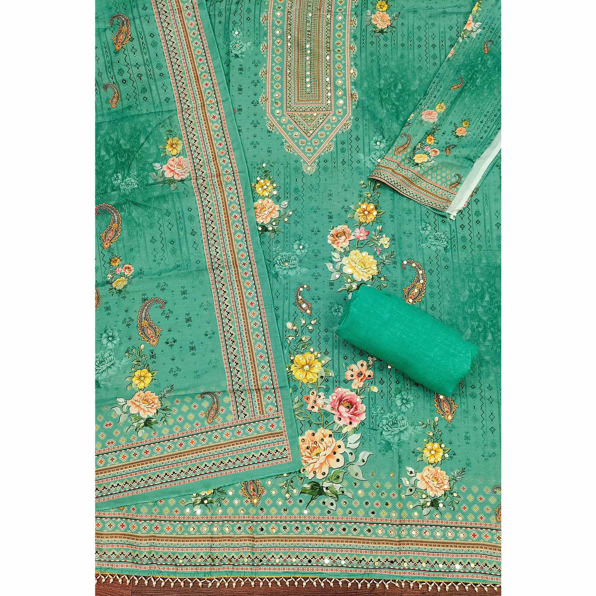 Sea Green Dress Material in Muslin with Delicate Mirror Highlights