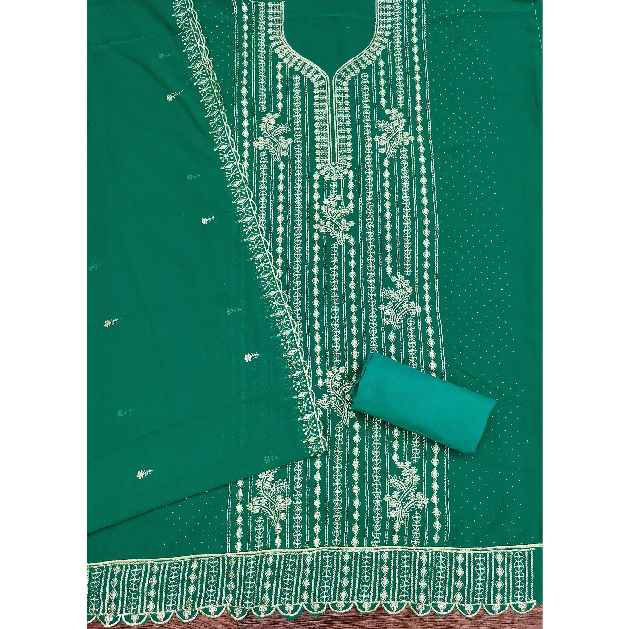 Rama Green Georgette Dress Material with Opulent Threadwork