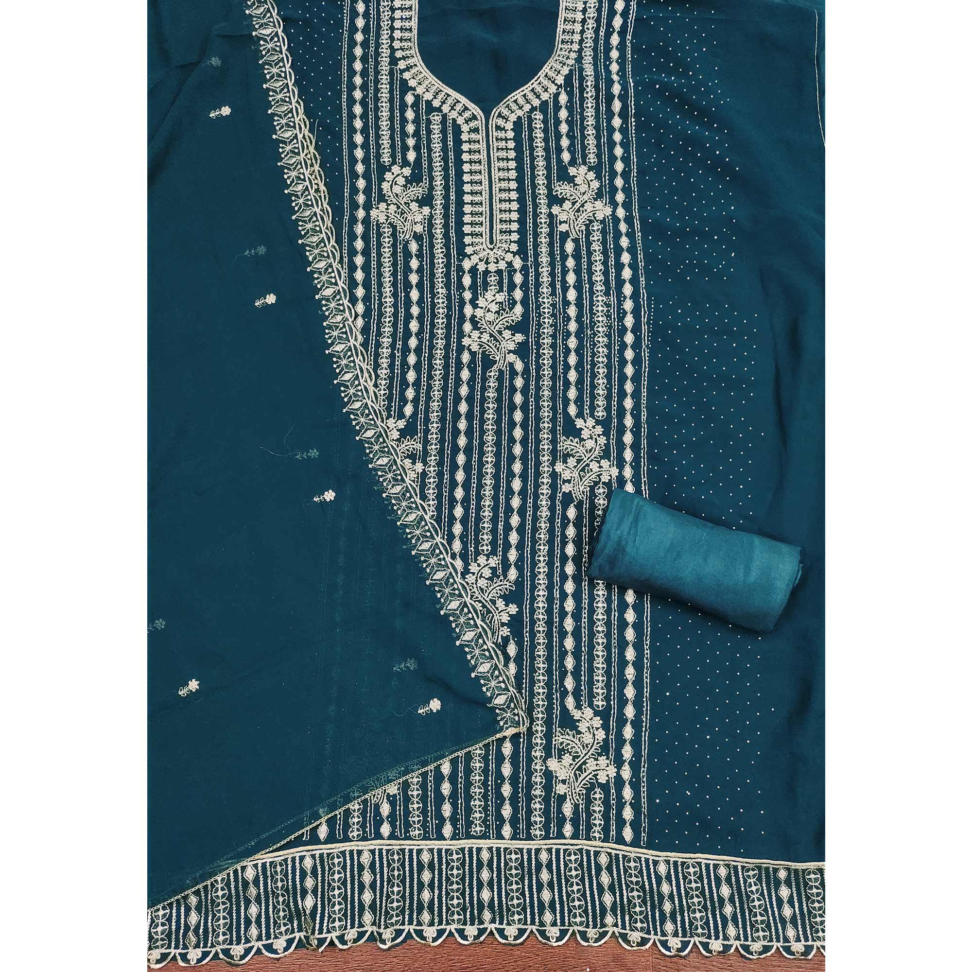 Teal Georgette Dress Material with Opulent Threadwork