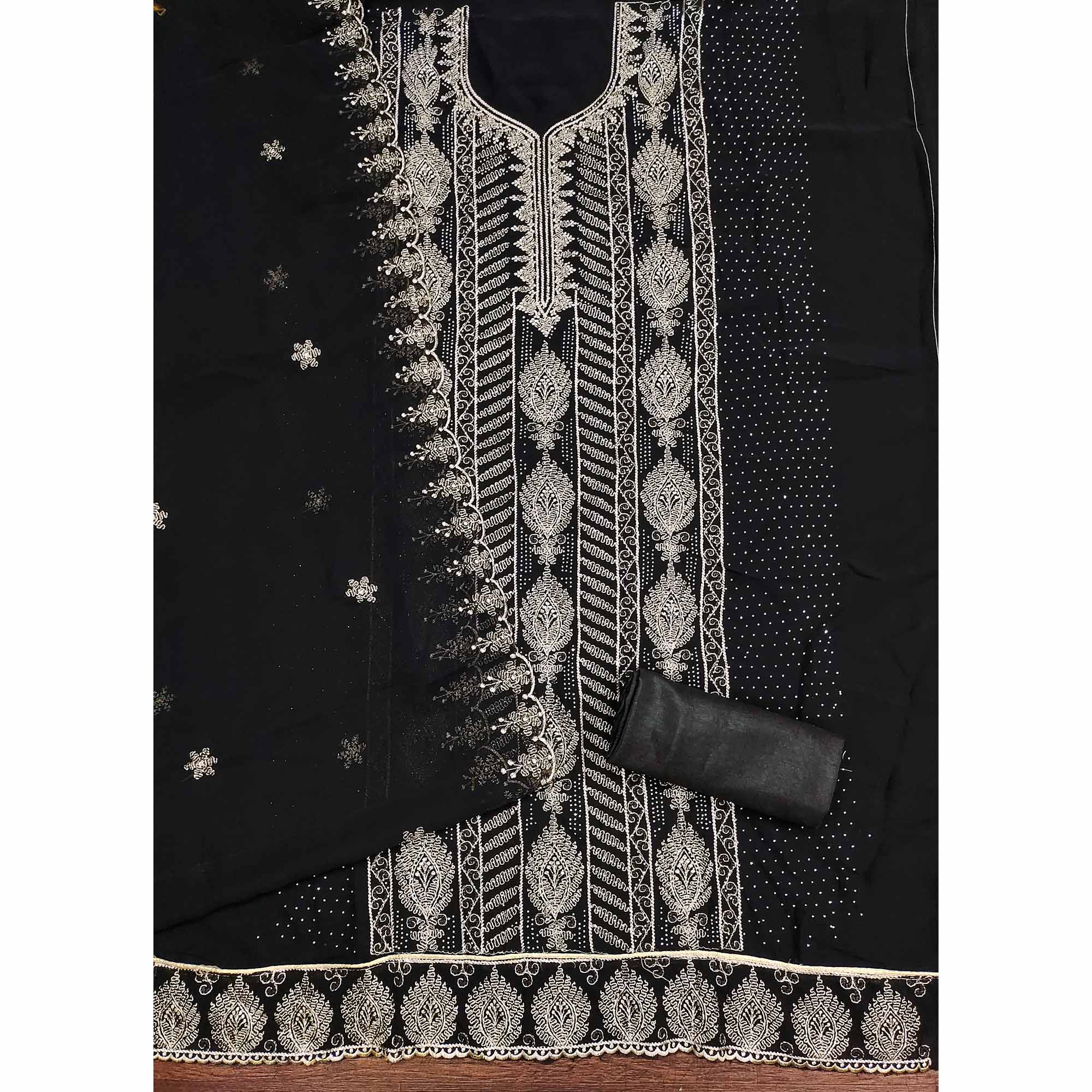 Heavy Thread Embroidered Black Georgette Unstitched Suit Material