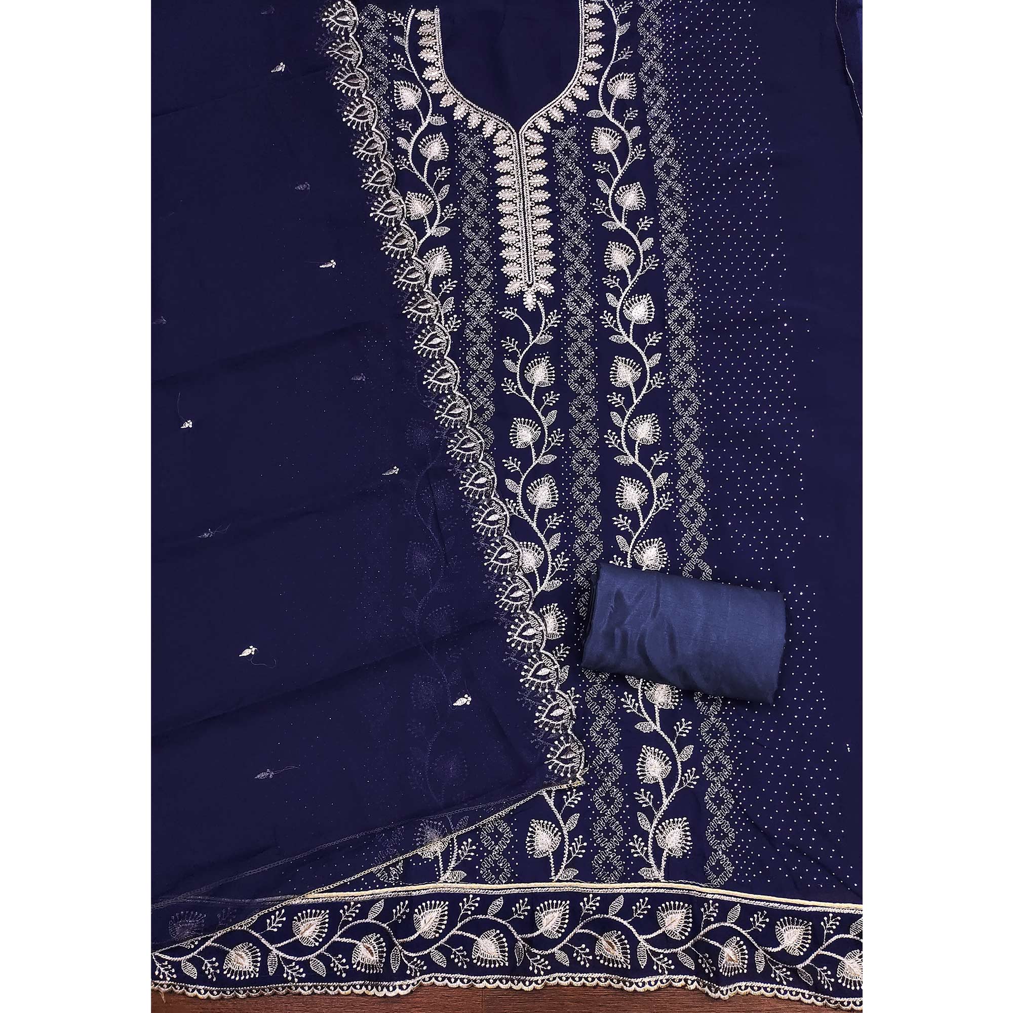 Blue Unstitched Georgette Suit Material Accented with Beautiful Thread Embroidery