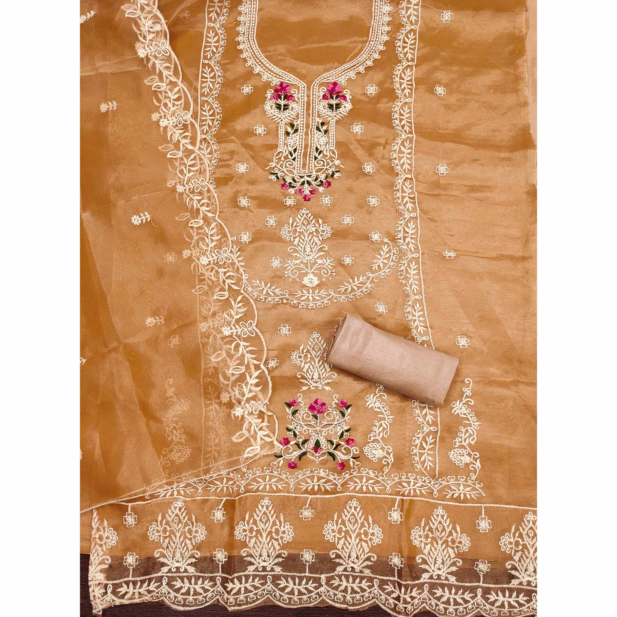 Lightweight Beige Organza Unstitched Suit Material with Intricate Floral Work