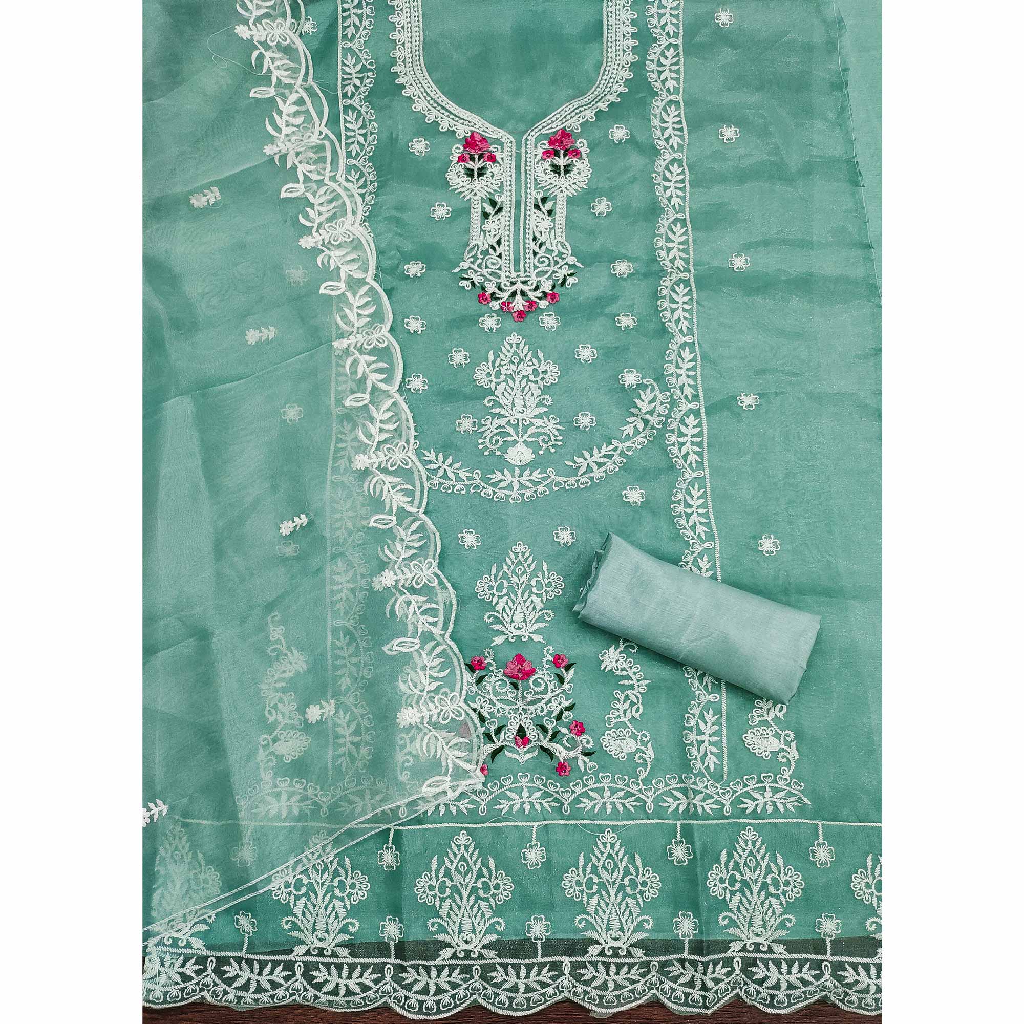 Lightweight Sea Green Organza Unstitched Suit Material with Intricate Floral Work