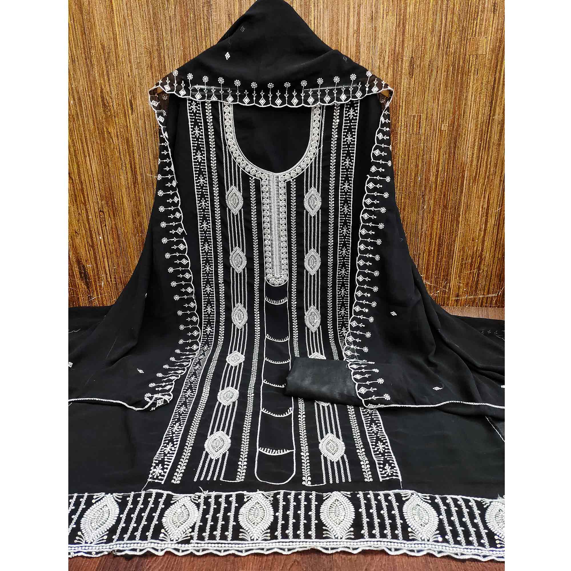 Black Star Georgette Suit Fabric Highlighted with Fine Thread Embroidery Work