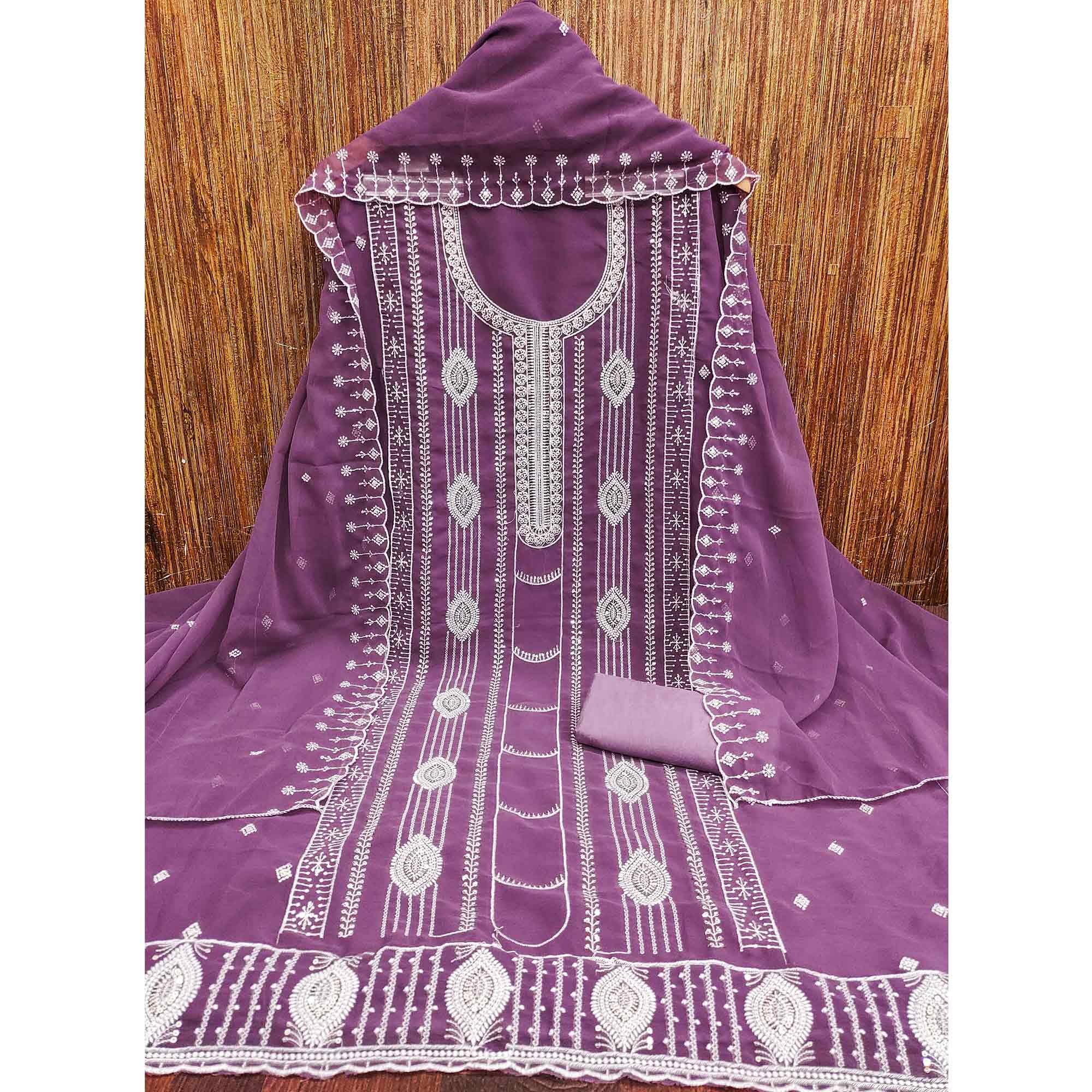 Mauve Star Georgette Suit Fabric Highlighted with Fine Thread Embroidery Work