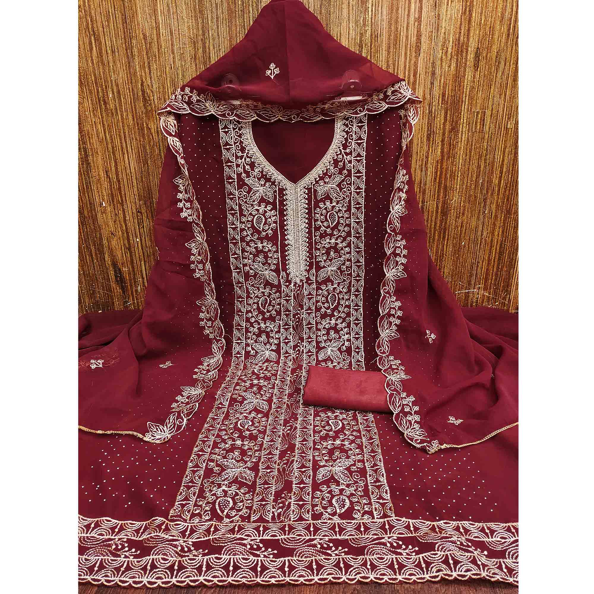 Maroon Star Georgette Unstitched Dress Material with Intricate Embroidery Work