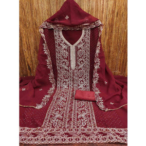 Maroon Star Georgette Unstitched Dress Material with Intricate Embroidery Work