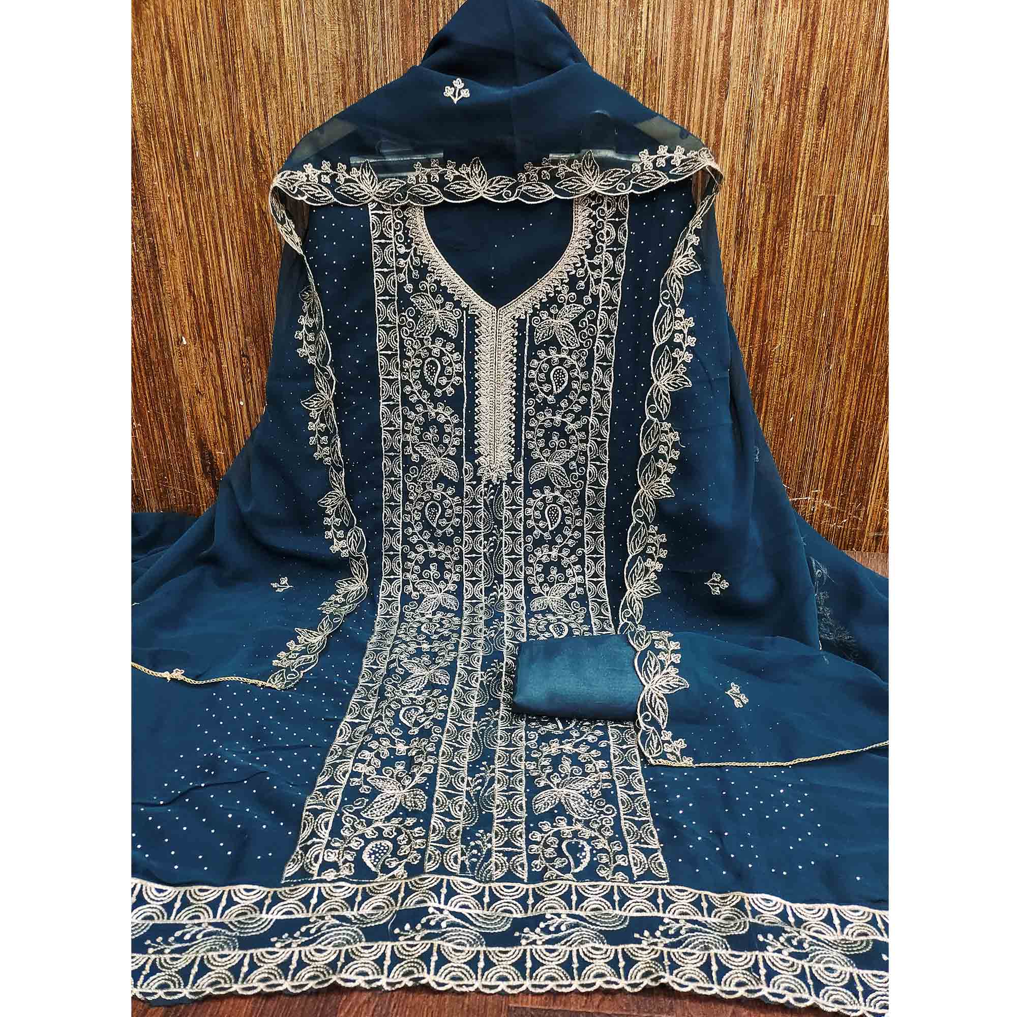 Teal Star Georgette Unstitched Dress Material with Intricate Embroidery Work