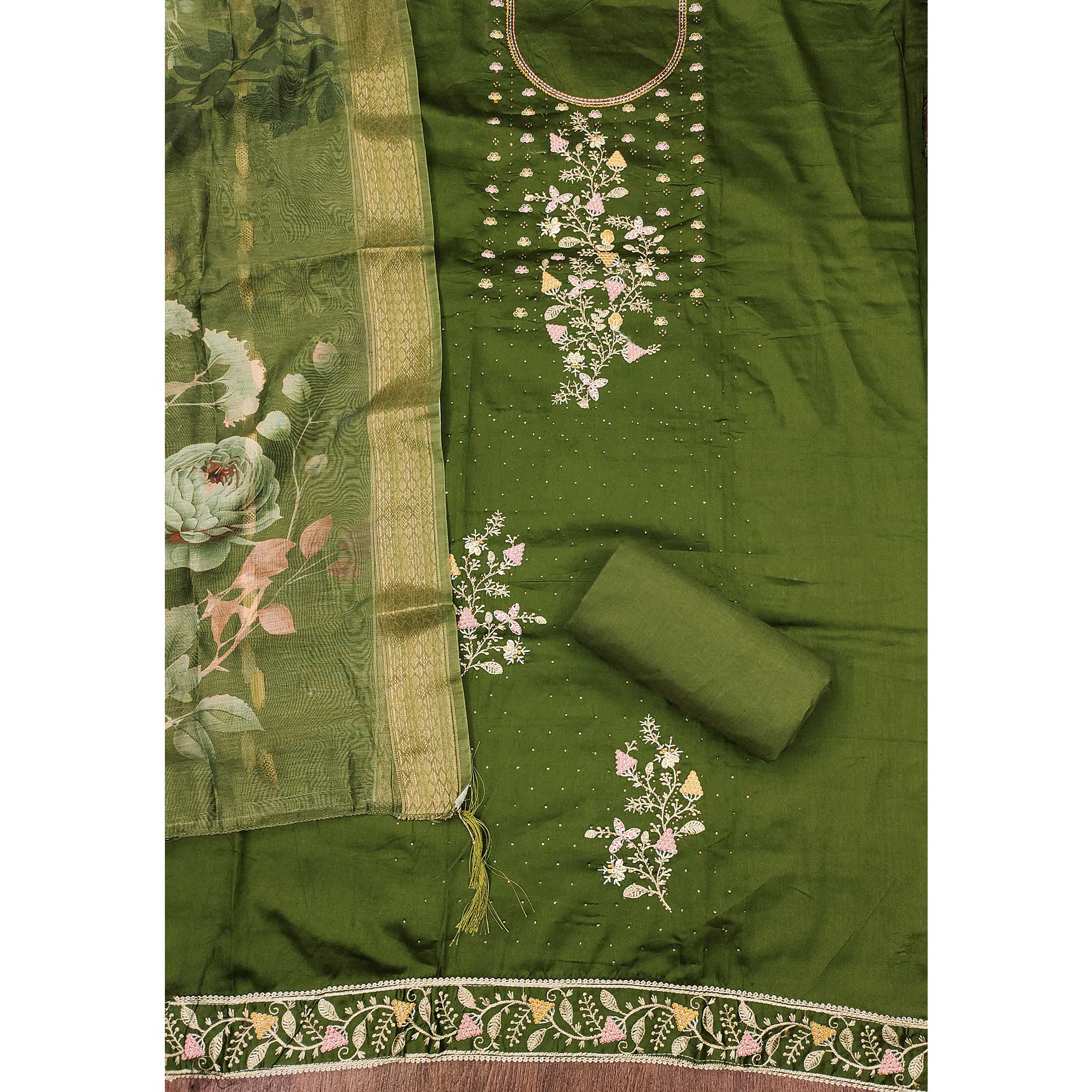 Soft Green Cotton Blend Unstitched Suit Material with Delicate Floral Embroidery