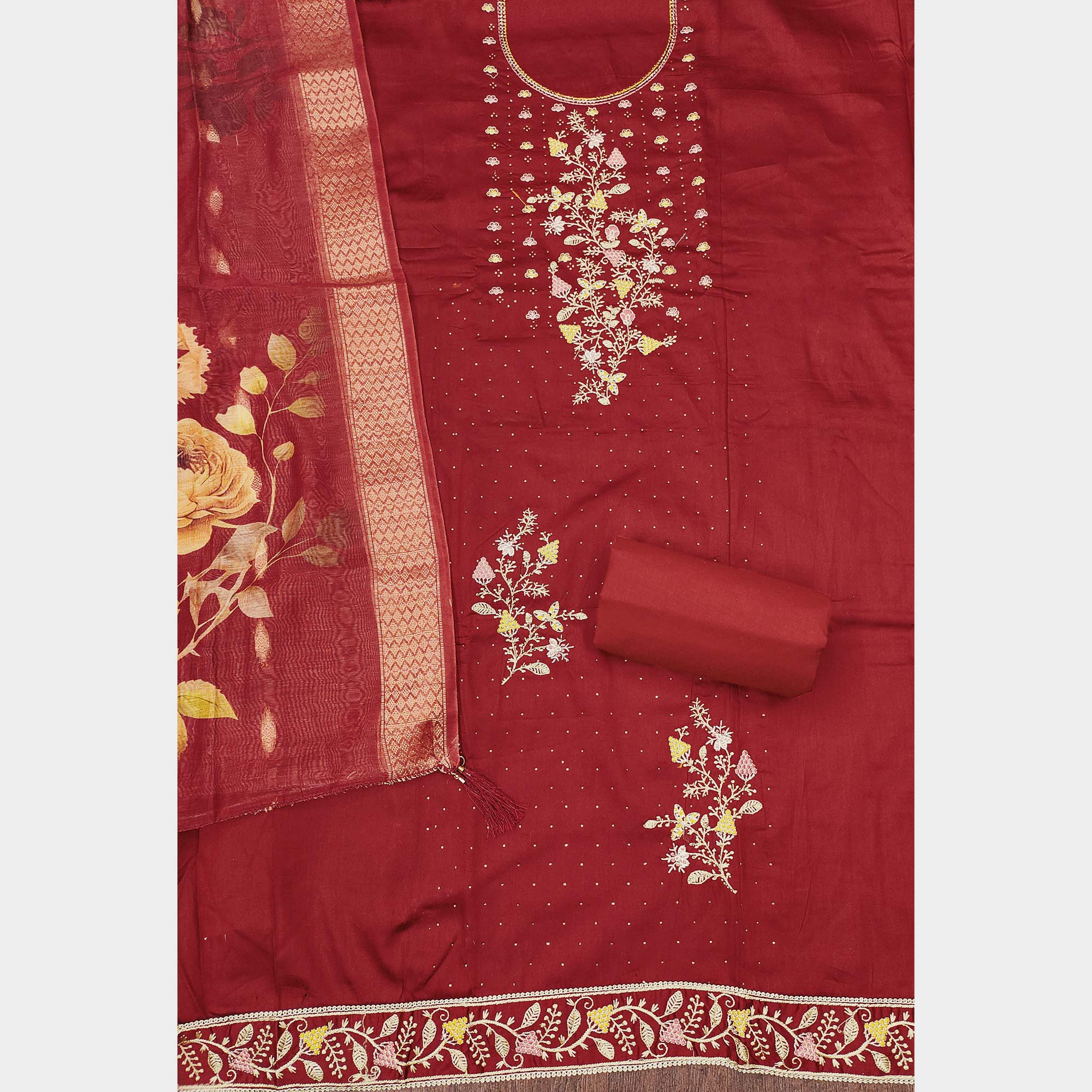 Soft Maroon Cotton Blend Unstitched Suit Material with Delicate Floral Embroidery