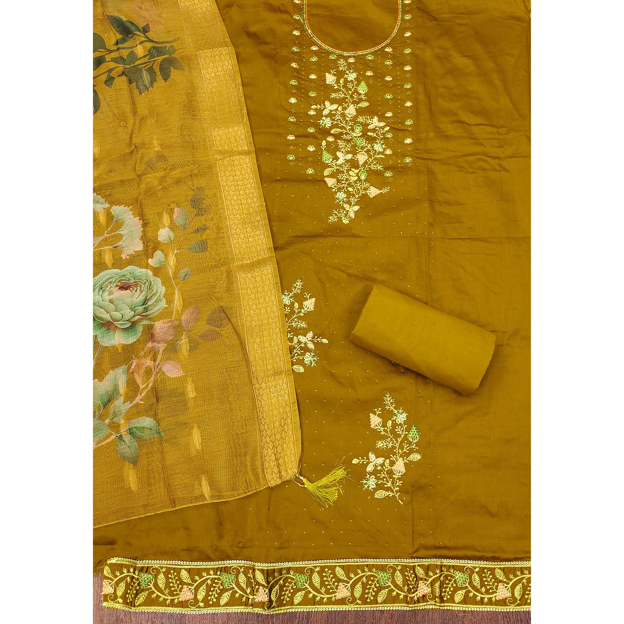 Soft Olive Cotton Blend Unstitched Suit Material with Delicate Floral Embroidery