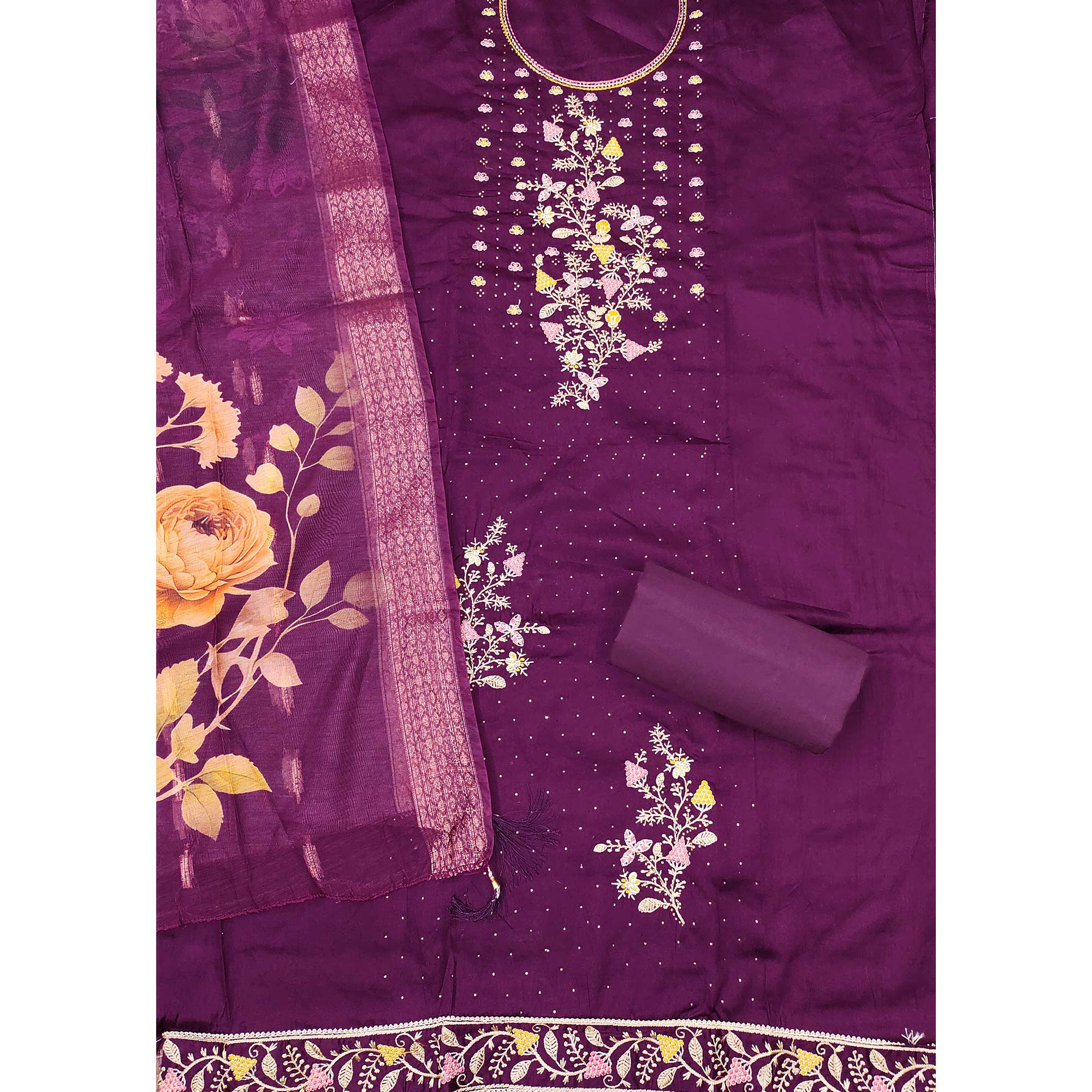 Soft Purple Cotton Blend Unstitched Suit Material with Delicate Floral Embroidery