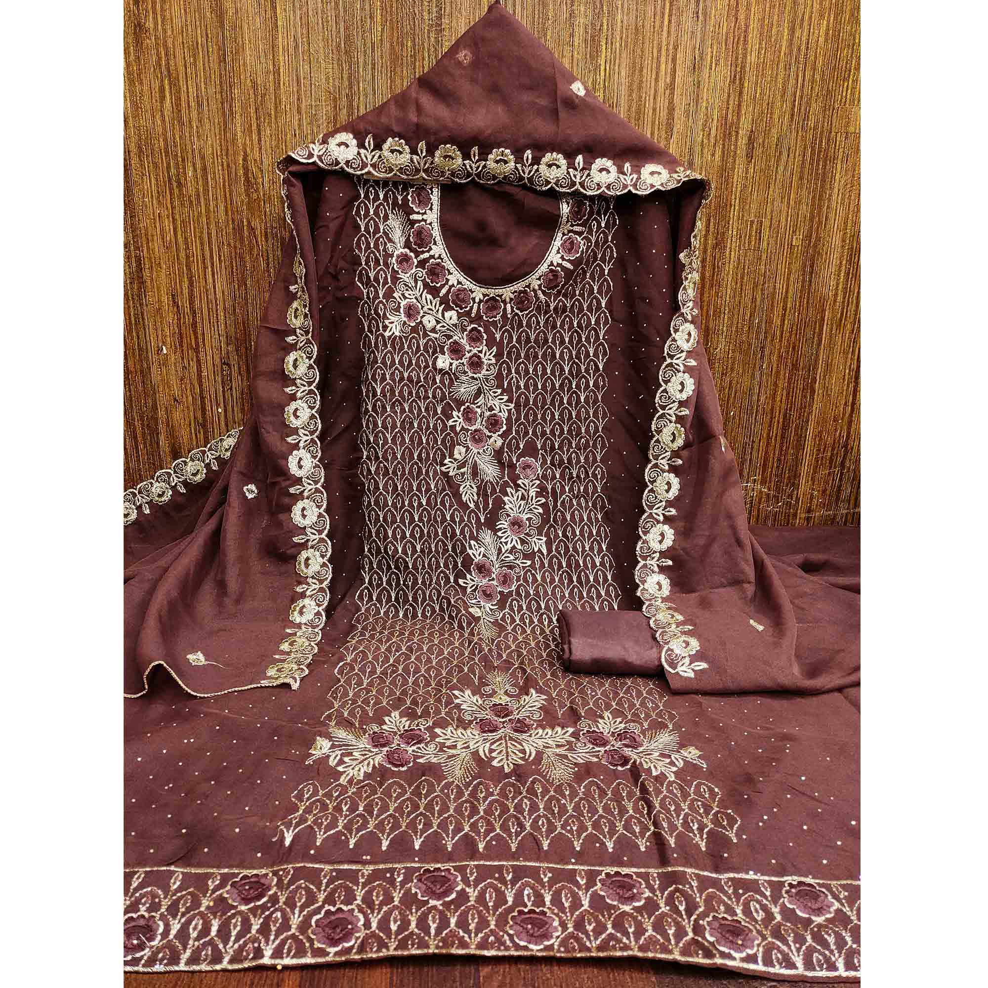 Brown Georgette Dress Material Decorated with Artistic Thread Embroidery Designs