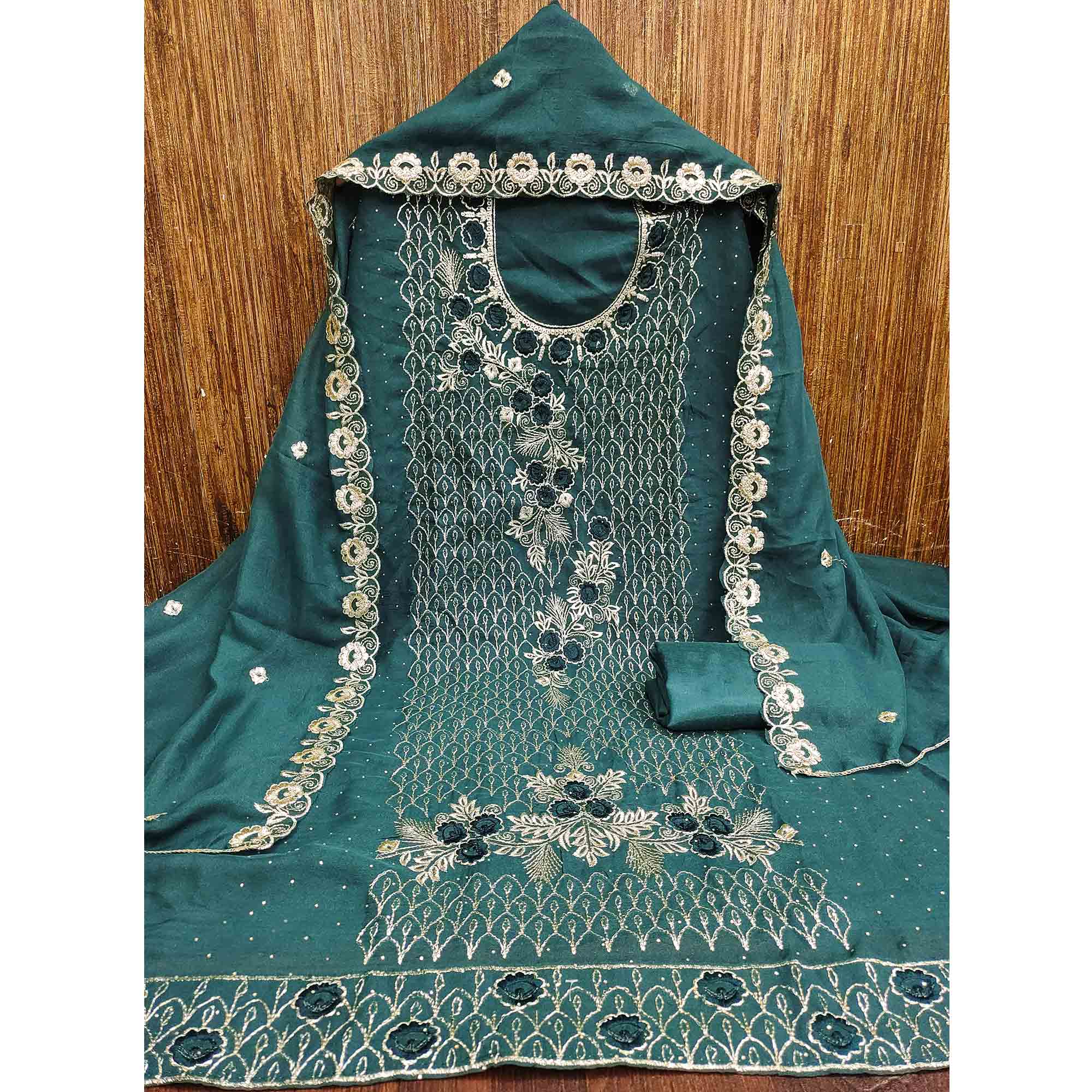 Morpich Green Georgette Dress Material Decorated with Artistic Thread Embroidery Designs