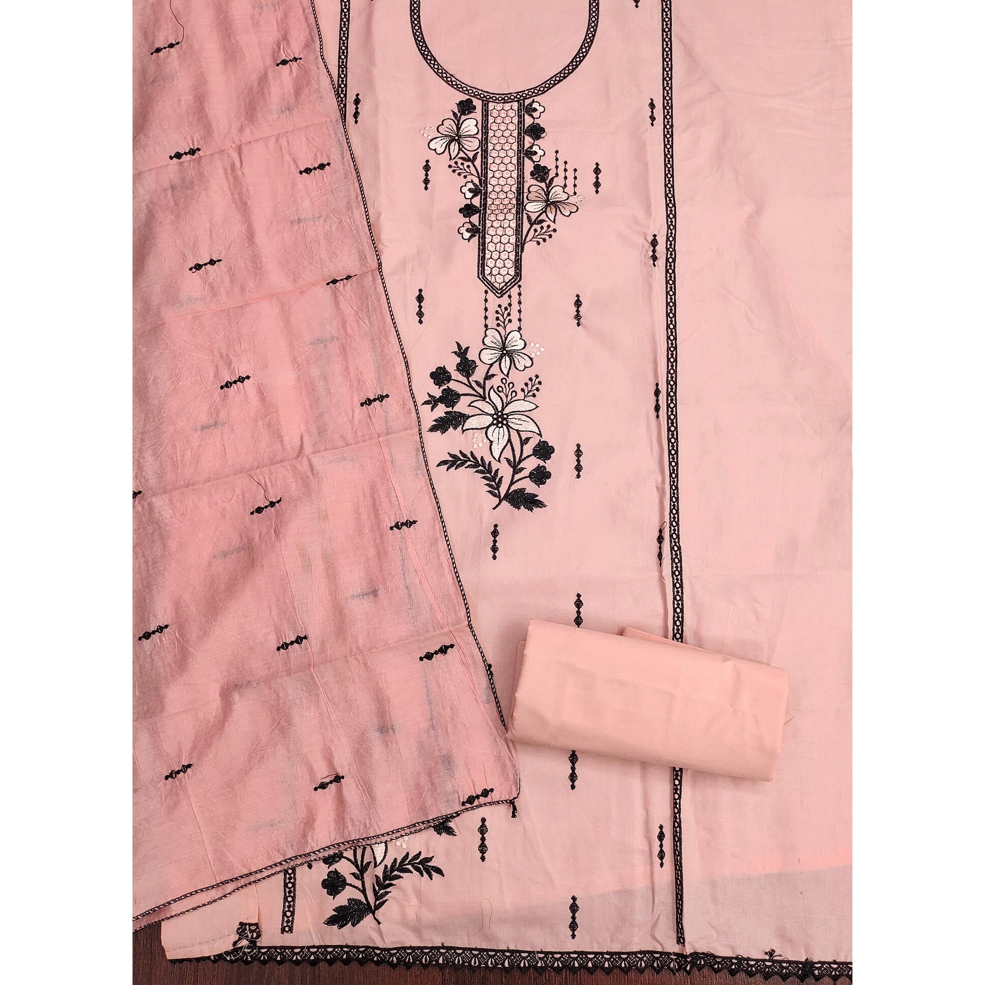 Elegant Peach Cotton Blend Dress Material with Delicate Thread Embroidered Detailing