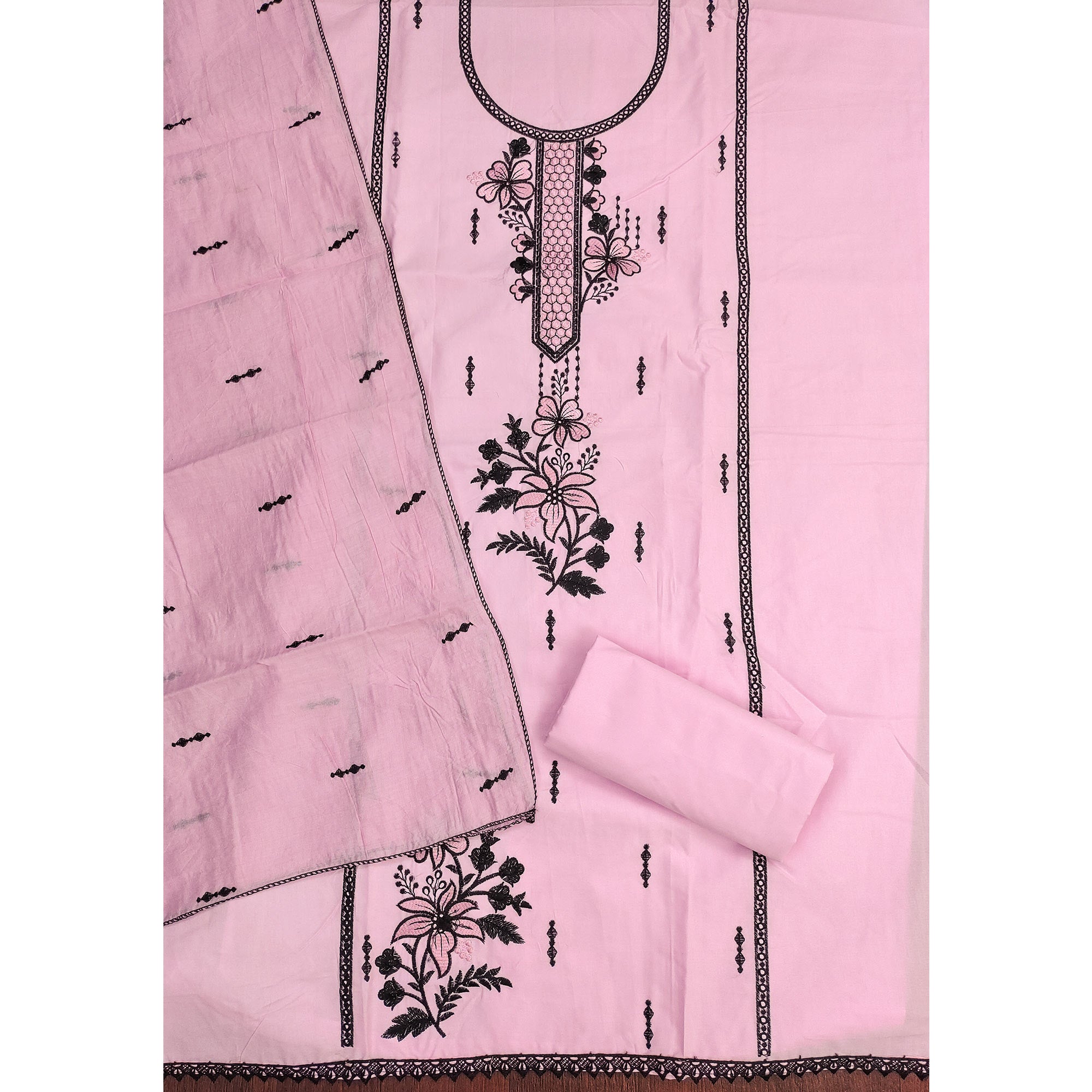 Elegant Pink Cotton Blend Dress Material with Delicate Thread Embroidered Detailing