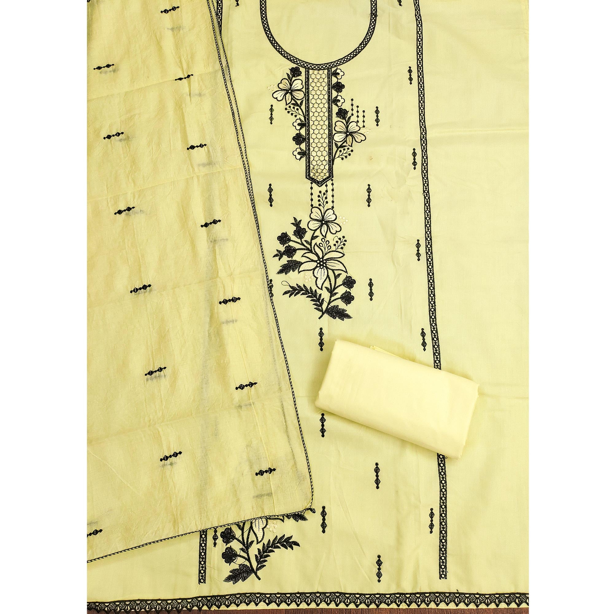 Elegant Yellow Cotton Blend Dress Material with Delicate Thread Embroidered Detailing