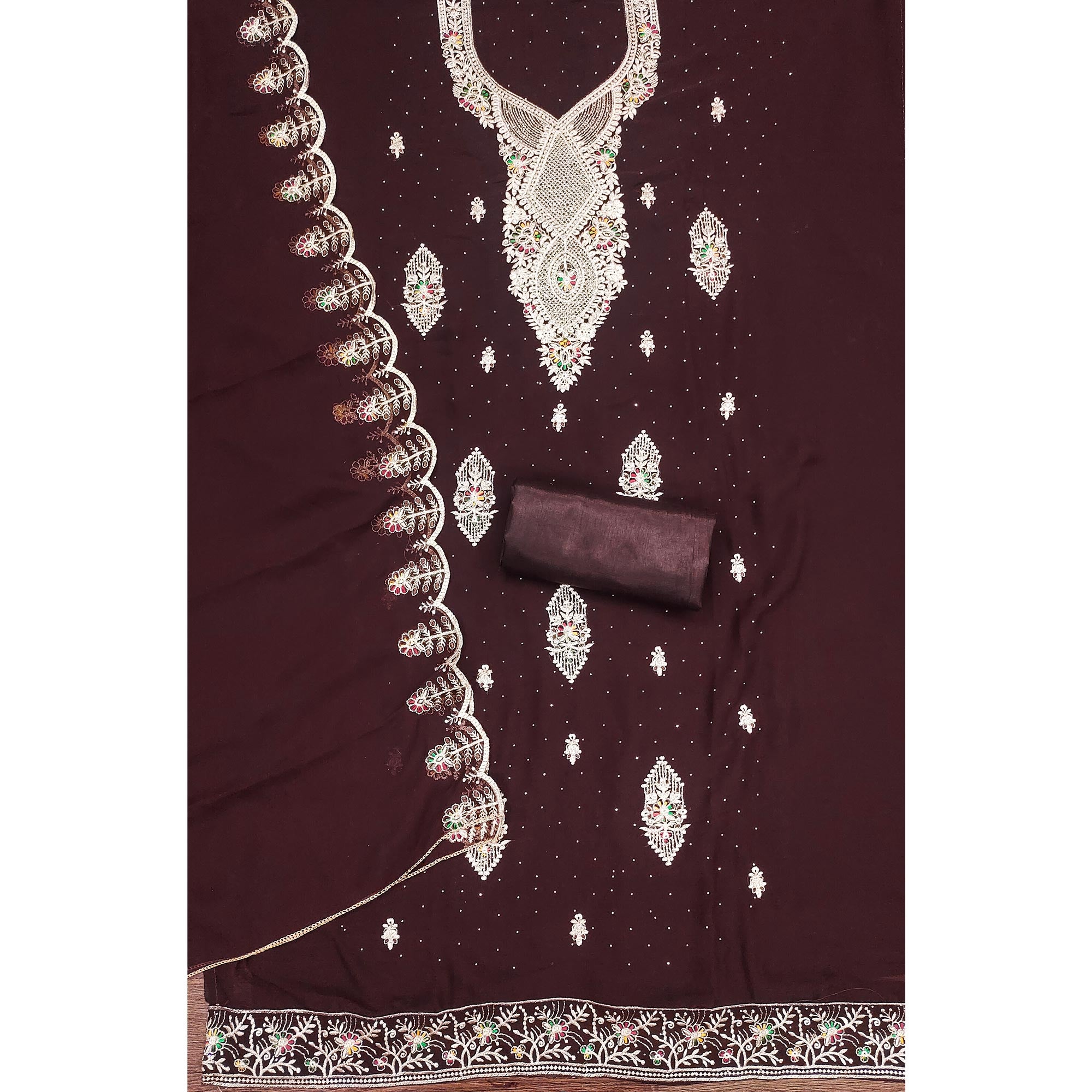 Brown Georgette Dress Material Adorned With Elegant Floral Embroidery & Shimmering Swarovski Work