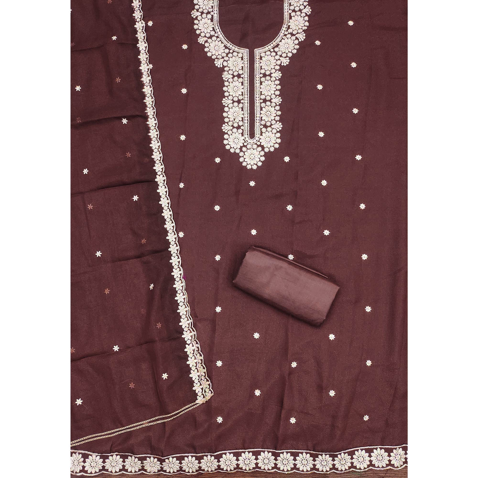 Chic Brown Floral Thread Embroidered Star Georgette Unstitched Suit Fabric