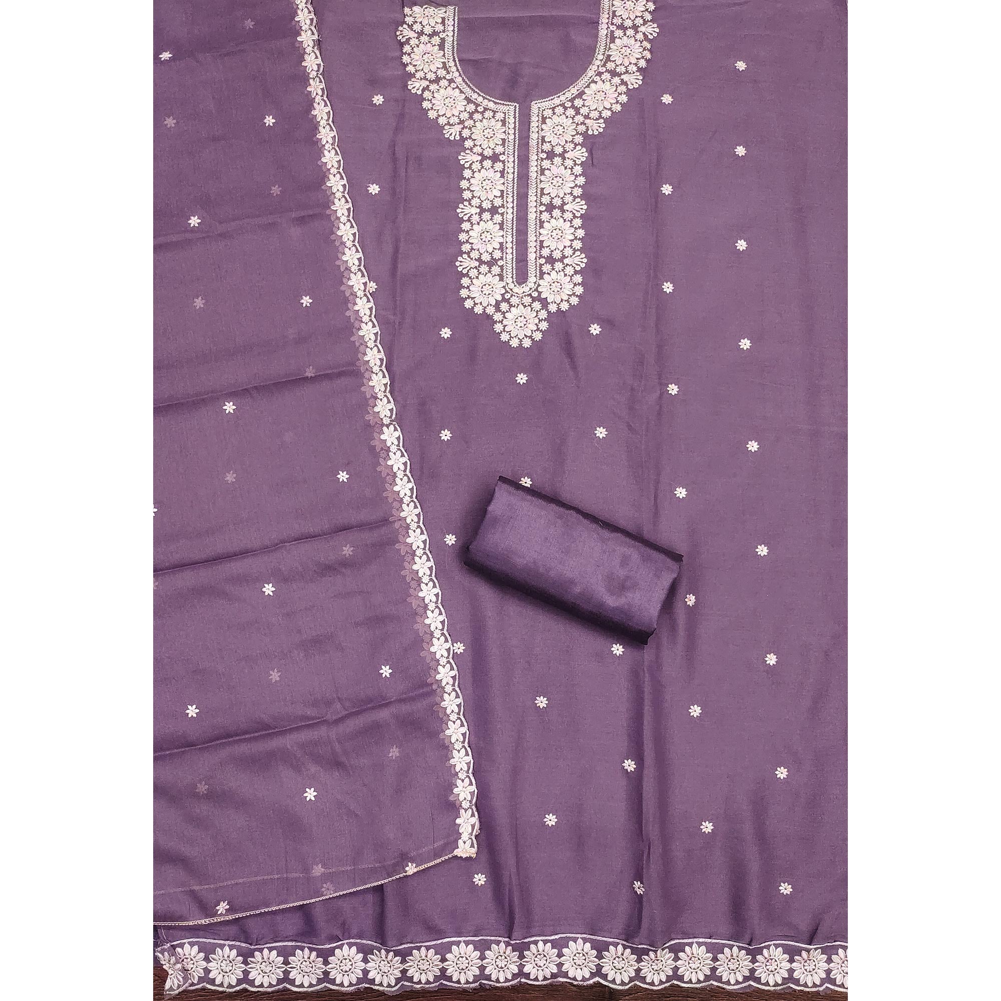 Chic Lavender Floral Thread Embroidered Star Georgette Unstitched Suit Fabric