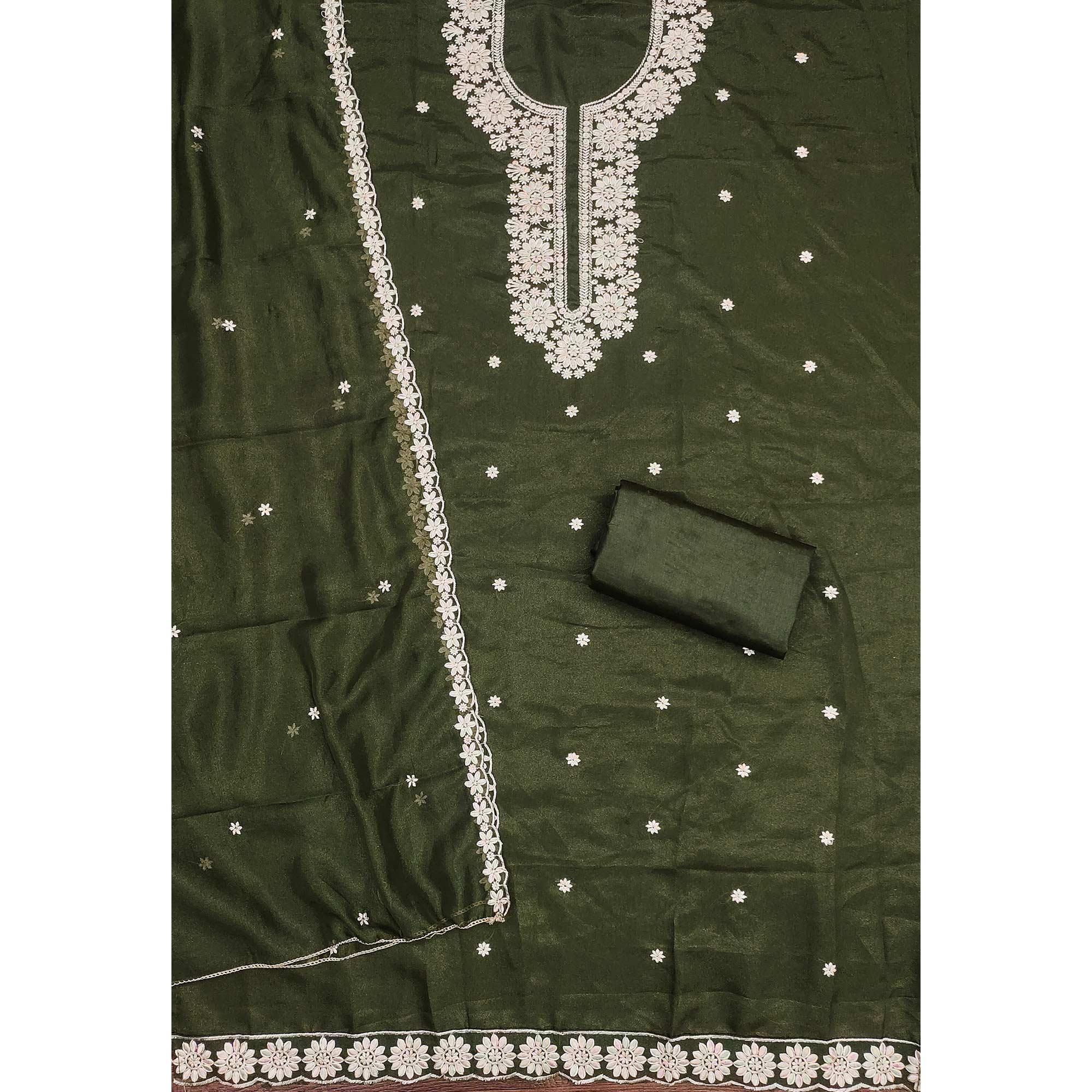 Chic Mehendi Green Floral Thread Embroidered Star Georgette Unstitched Suit Fabric