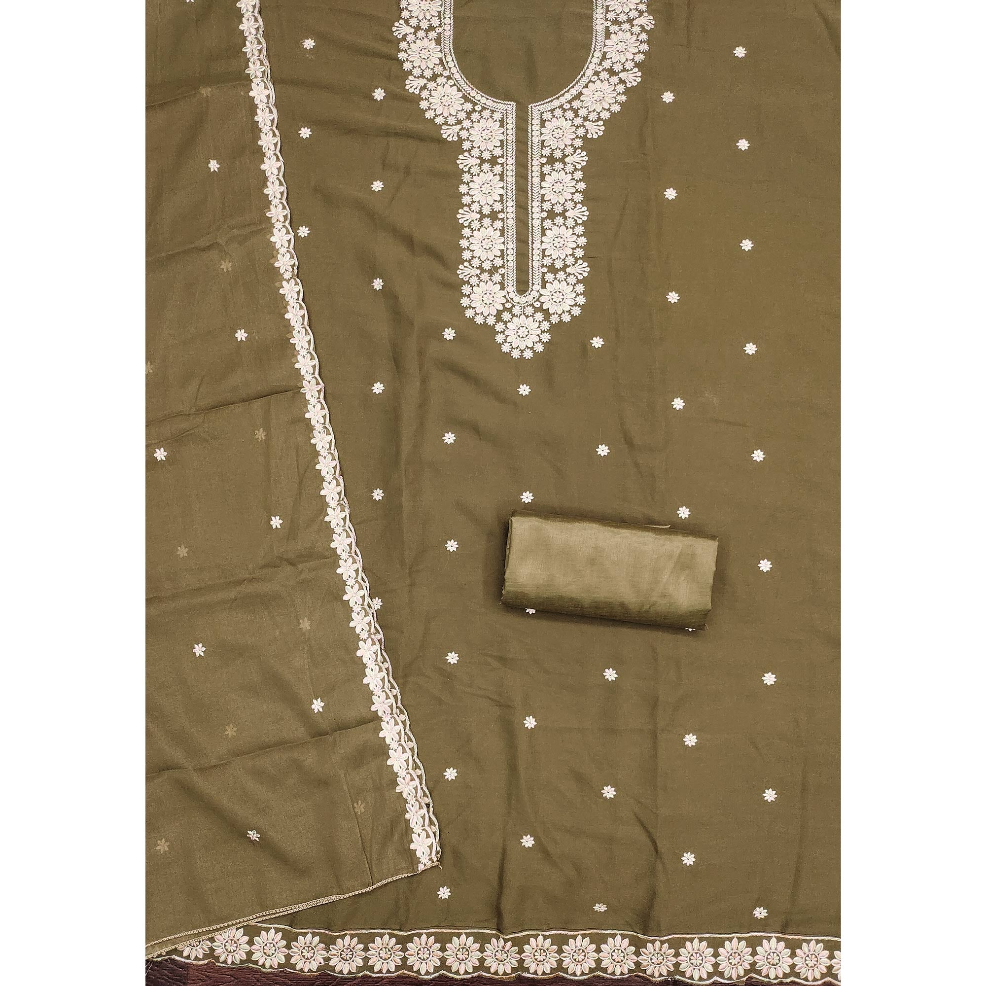 Chic Olive Floral Thread Embroidered Star Georgette Unstitched Suit Fabric