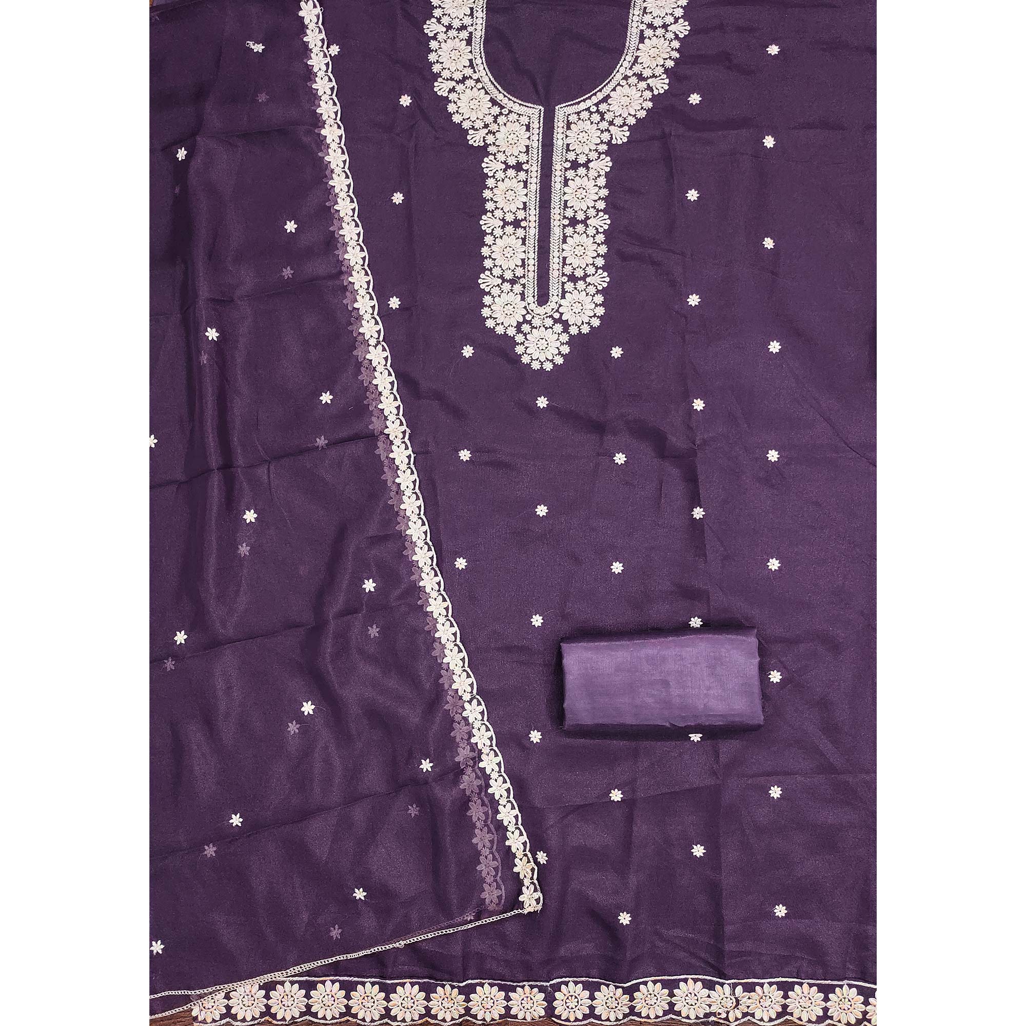 Chic Purple Floral Thread Embroidered Star Georgette Unstitched Suit Fabric