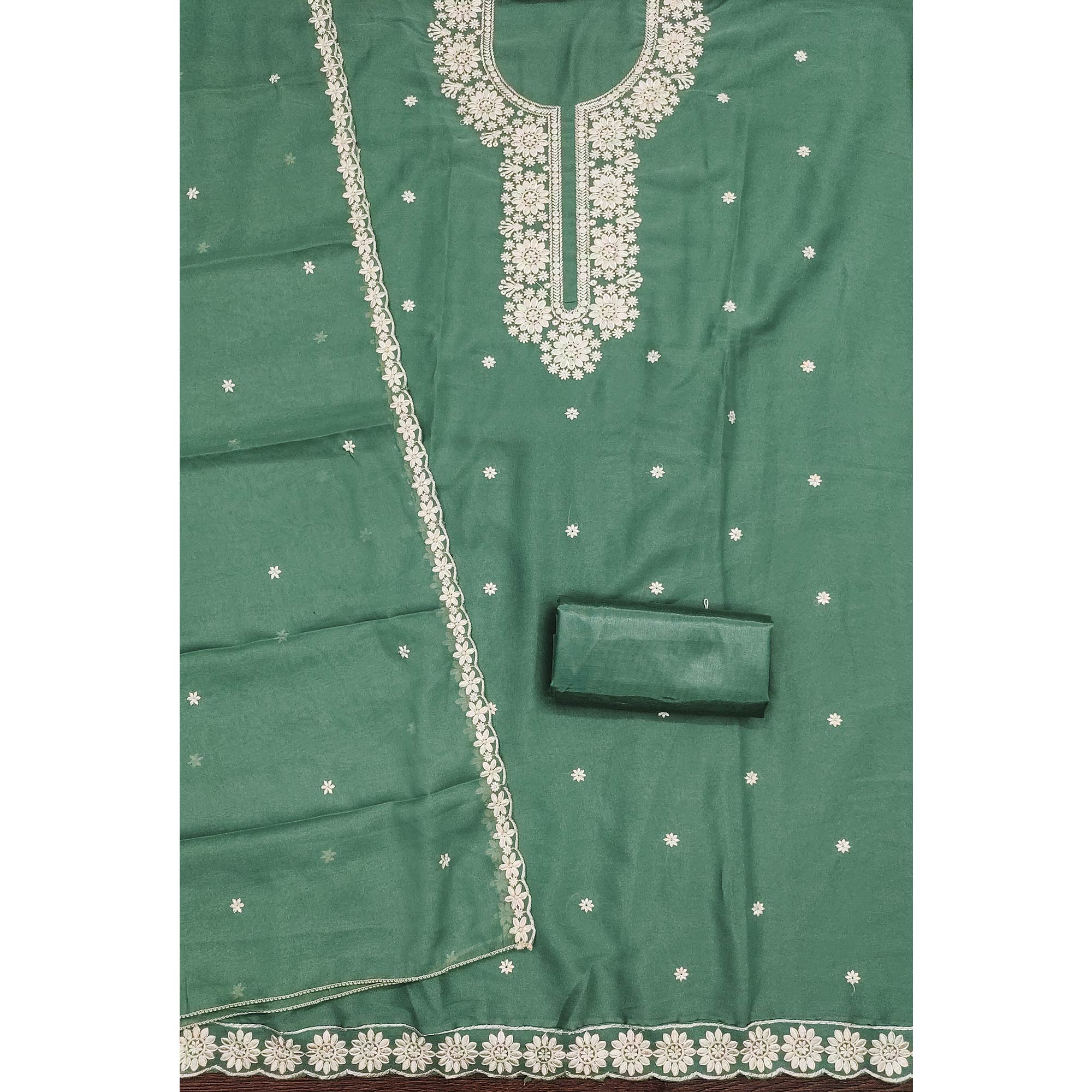 Chic Sea Green Floral Thread Embroidered Star Georgette Unstitched Suit Fabric