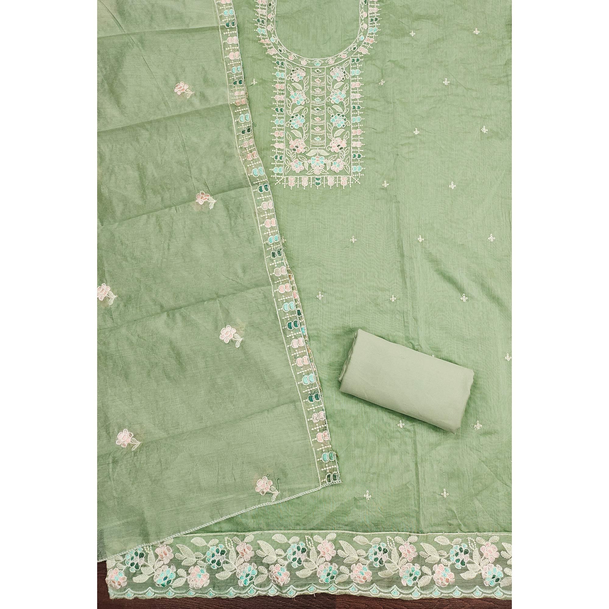 Green Unstitched Suit Material in Premium Floral Thread Embroidered Chanderi Silk