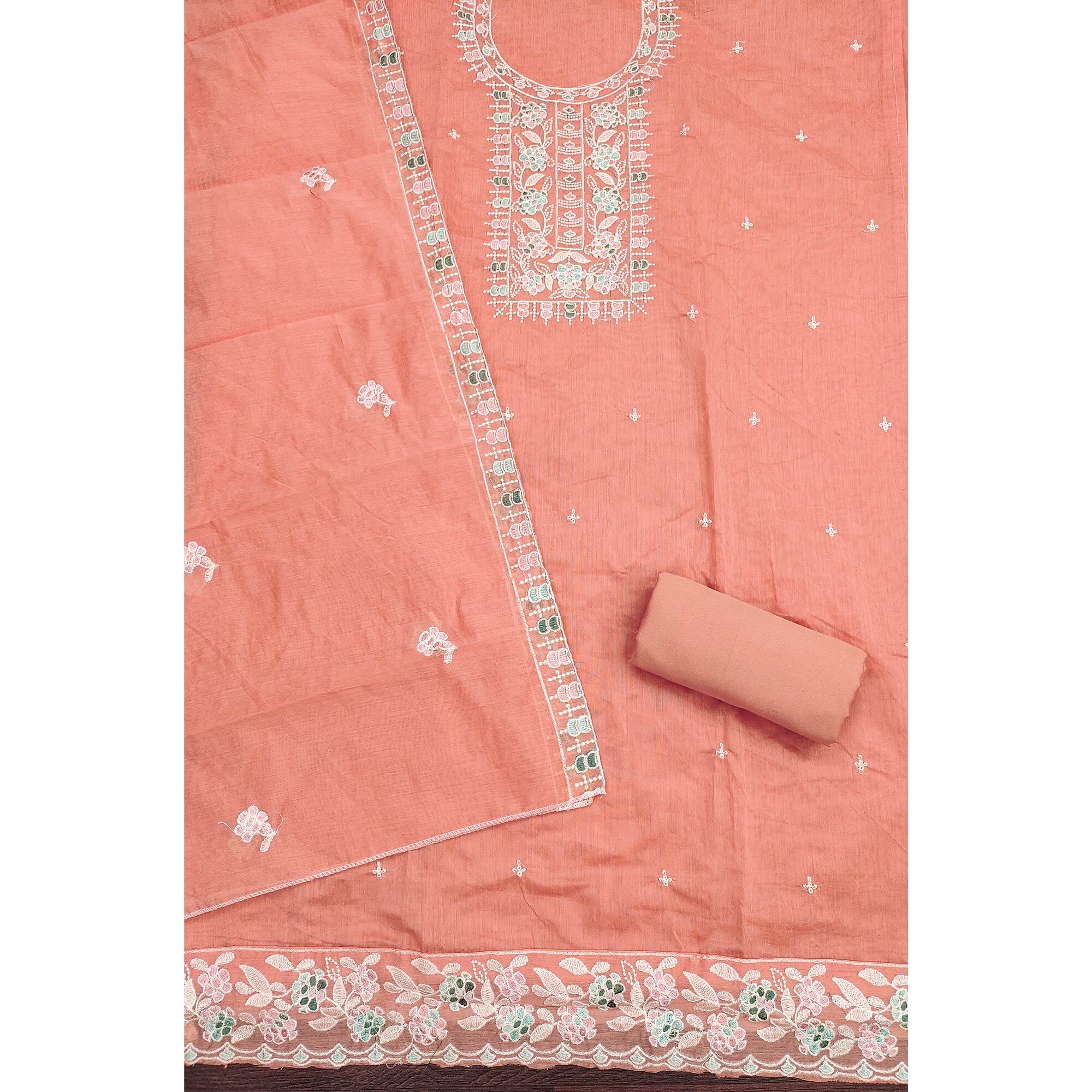 Peach Unstitched Suit Material in Premium Floral Thread Embroidered Chanderi Silk