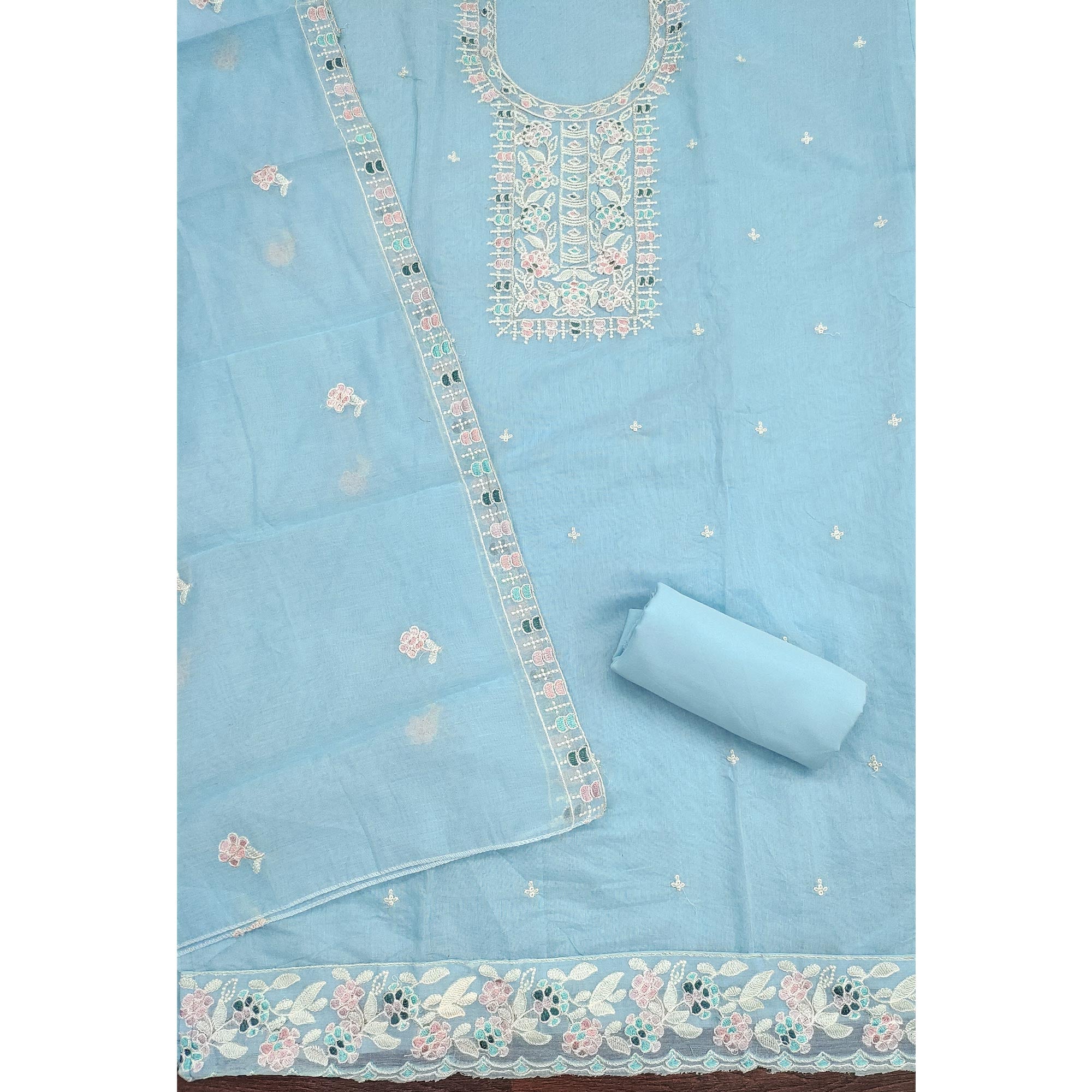 Sky Blue Unstitched Suit Material in Premium Floral Thread Embroidered Chanderi Silk