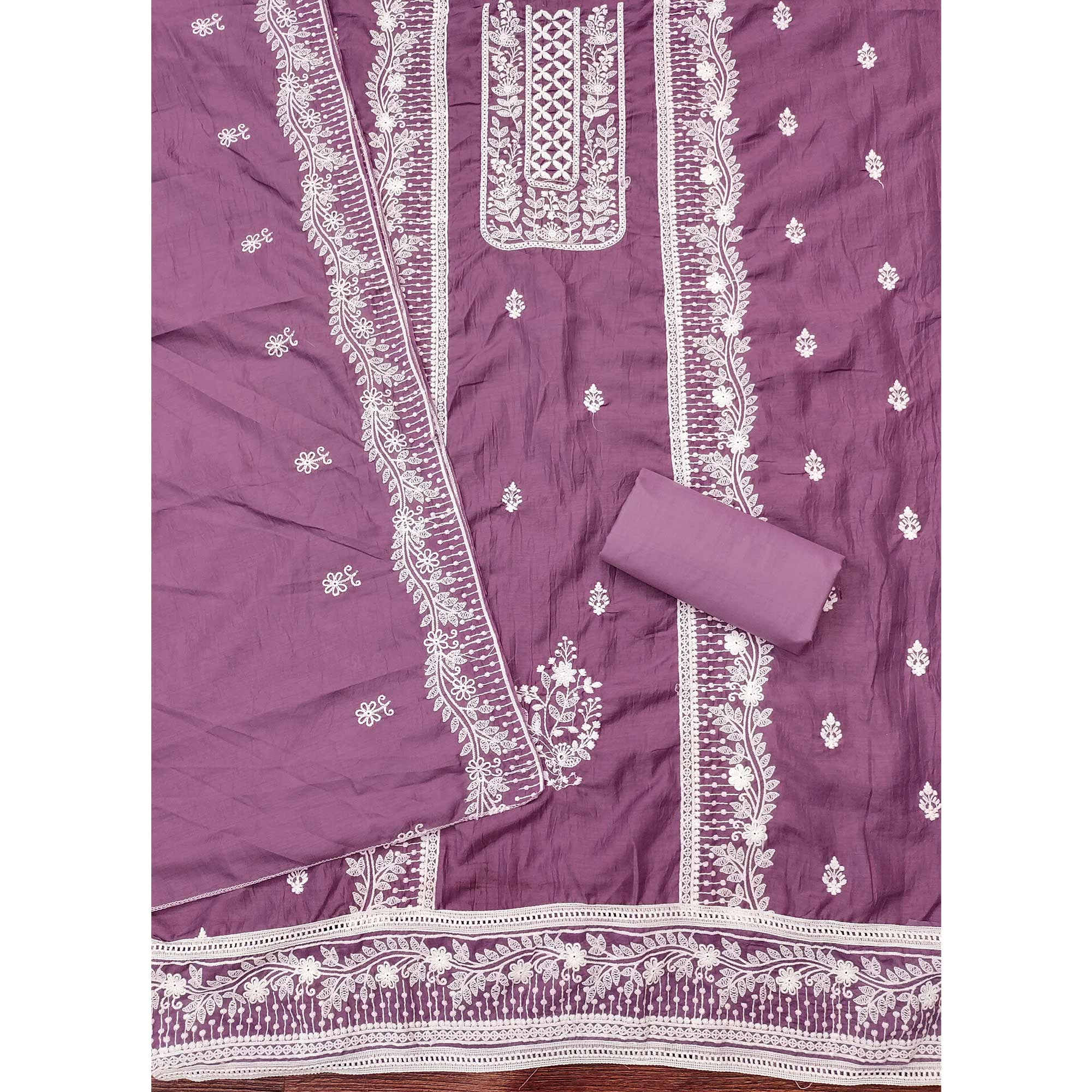 Mauve Unstitched Suit Material in Luxurious Cotton Silk with Exquisite Floral Embroidery