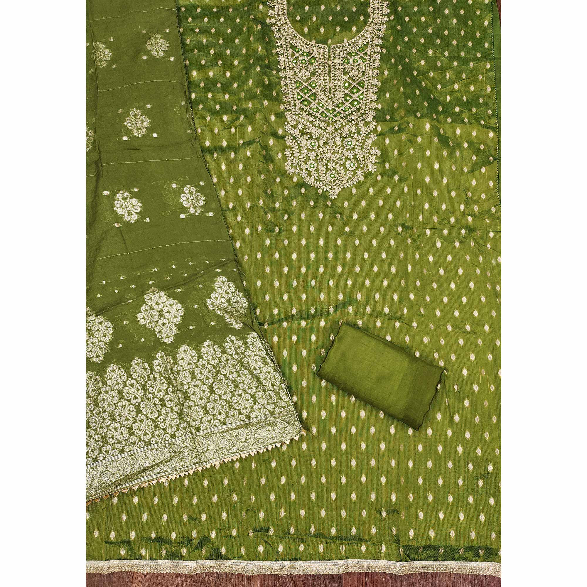 Green Embroidered Shimmer Fabric with Beautiful Zari Work for Unstitched Suits