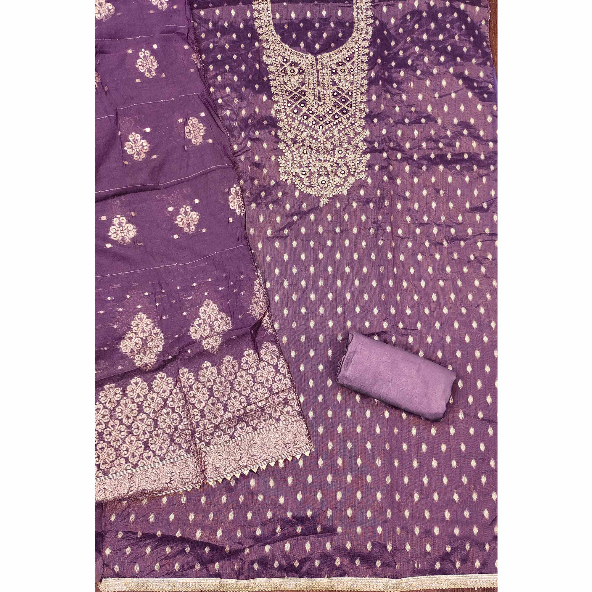 Lavender Embroidered Shimmer Fabric with Beautiful Zari Work for Unstitched Suits